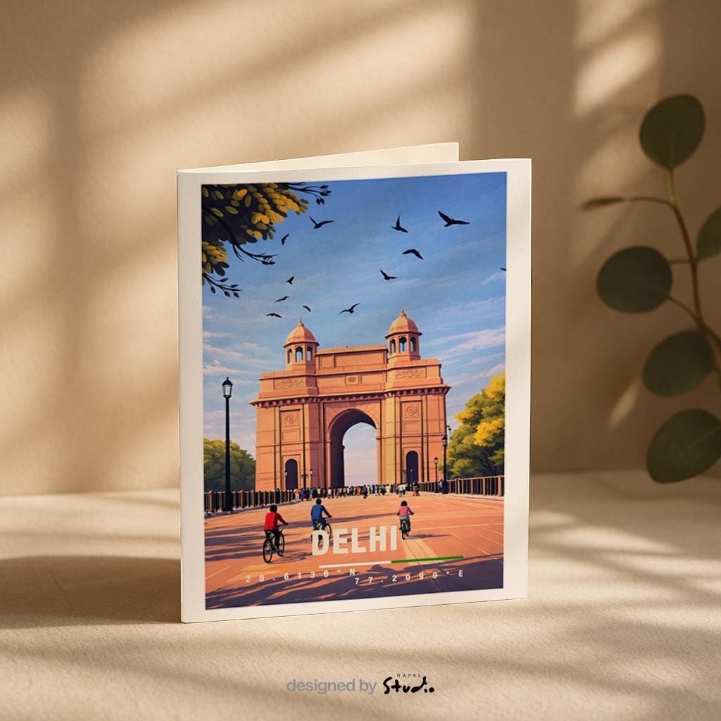 Illustrative Grußkarte mit Delhi-Motiv, zeigt das India Gate, offene Plätze und Vögel am Himmel. Die Szene vermittelt Geschichte, Kultur und Weite. Perfekt als Reise-Grußkarte, kultureller Urlaubsgruß oder liebe Nachricht für Indien-Fans, Reisende und Architektur-Liebhaber.