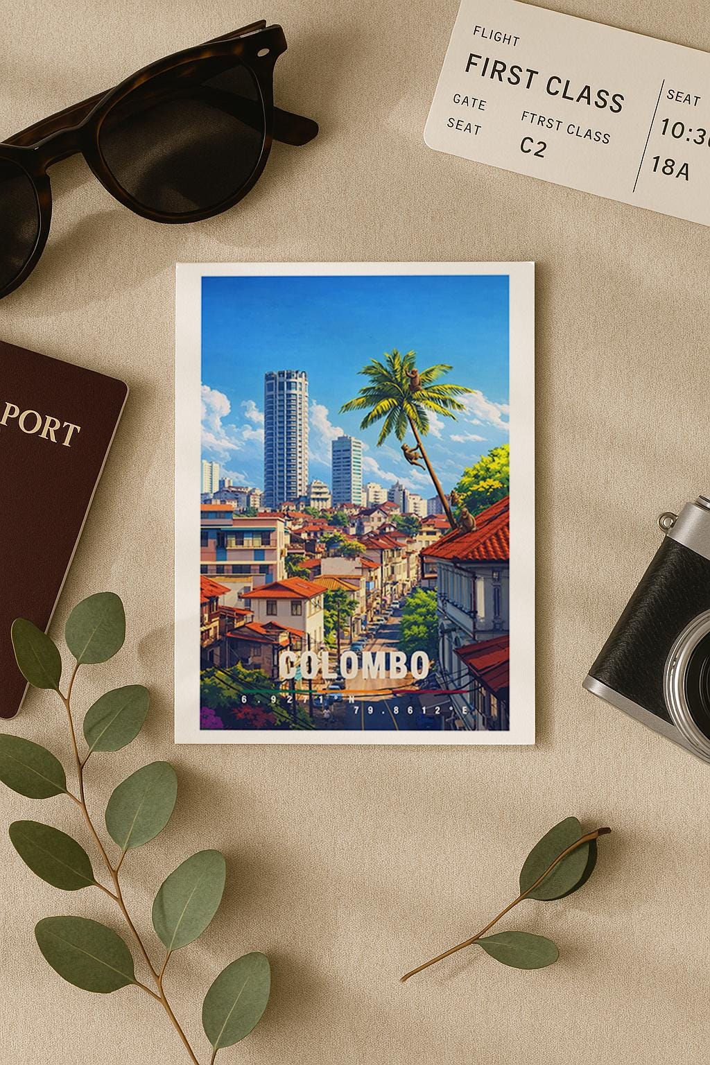 Tropische Grußkarte mit Colombo-Motiv in Sri Lanka, zeigt Palmen, Stadtgebäude und sonniges Himmelspanorama. Die Illustration verbindet urbanes Leben mit tropischem Flair. Ideal als Reise-Grußkarte, Urlaubsgruß oder liebe Nachricht für Asien-Fans, Weltenbummler und Fernweh-Liebhaber.