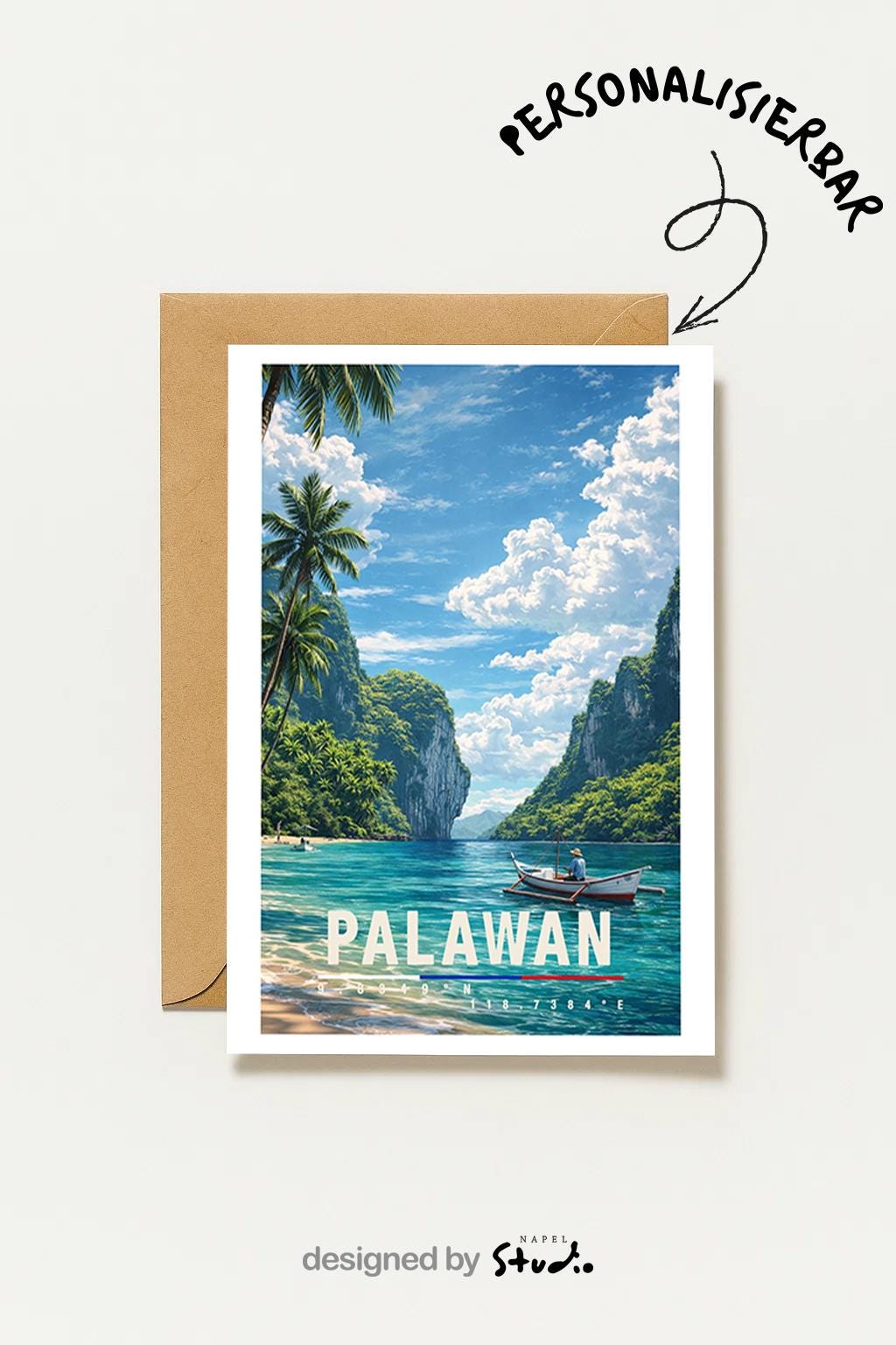 Tropische Grußkarte mit Palawan-Motiv auf den Philippinen, zeigt türkisfarbenes Wasser, Palmen, Boote und imposante Kalksteinfelsen unter weitem Himmel. Die Illustration strahlt Ruhe, Natur und Inselparadies aus. Perfekt als Reise-Grußkarte, Urlaubsgruß oder liebe Nachricht für Weltenbummler, Strandliebhaber und Fernweh-Fans.