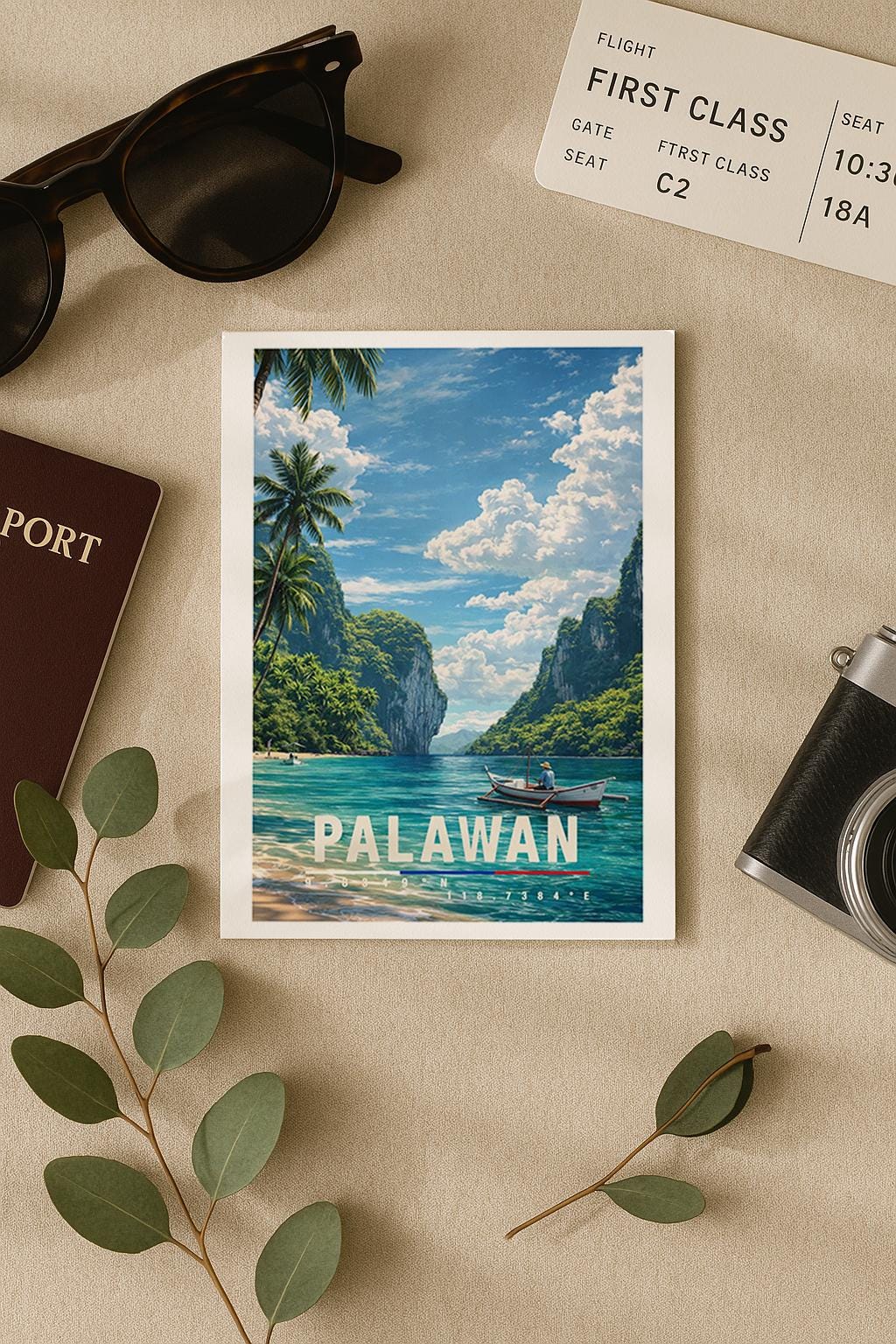 Tropische Grußkarte mit Palawan-Motiv auf den Philippinen, zeigt türkisfarbenes Wasser, Palmen, Boote und imposante Kalksteinfelsen unter weitem Himmel. Die Illustration strahlt Ruhe, Natur und Inselparadies aus. Perfekt als Reise-Grußkarte, Urlaubsgruß oder liebe Nachricht für Weltenbummler, Strandliebhaber und Fernweh-Fans.