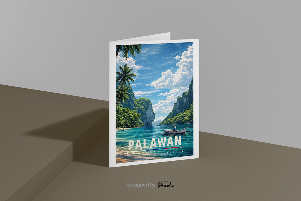 Tropische Grußkarte mit Palawan-Motiv auf den Philippinen, zeigt türkisfarbenes Wasser, Palmen, Boote und imposante Kalksteinfelsen unter weitem Himmel. Die Illustration strahlt Ruhe, Natur und Inselparadies aus. Perfekt als Reise-Grußkarte, Urlaubsgruß oder liebe Nachricht für Weltenbummler, Strandliebhaber und Fernweh-Fans.