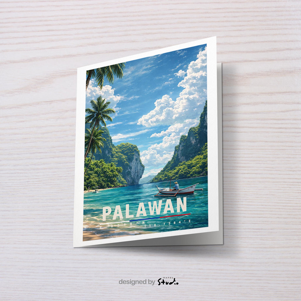 Tropische Grußkarte mit Palawan-Motiv auf den Philippinen, zeigt türkisfarbenes Wasser, Palmen, Boote und imposante Kalksteinfelsen unter weitem Himmel. Die Illustration strahlt Ruhe, Natur und Inselparadies aus. Perfekt als Reise-Grußkarte, Urlaubsgruß oder liebe Nachricht für Weltenbummler, Strandliebhaber und Fernweh-Fans.