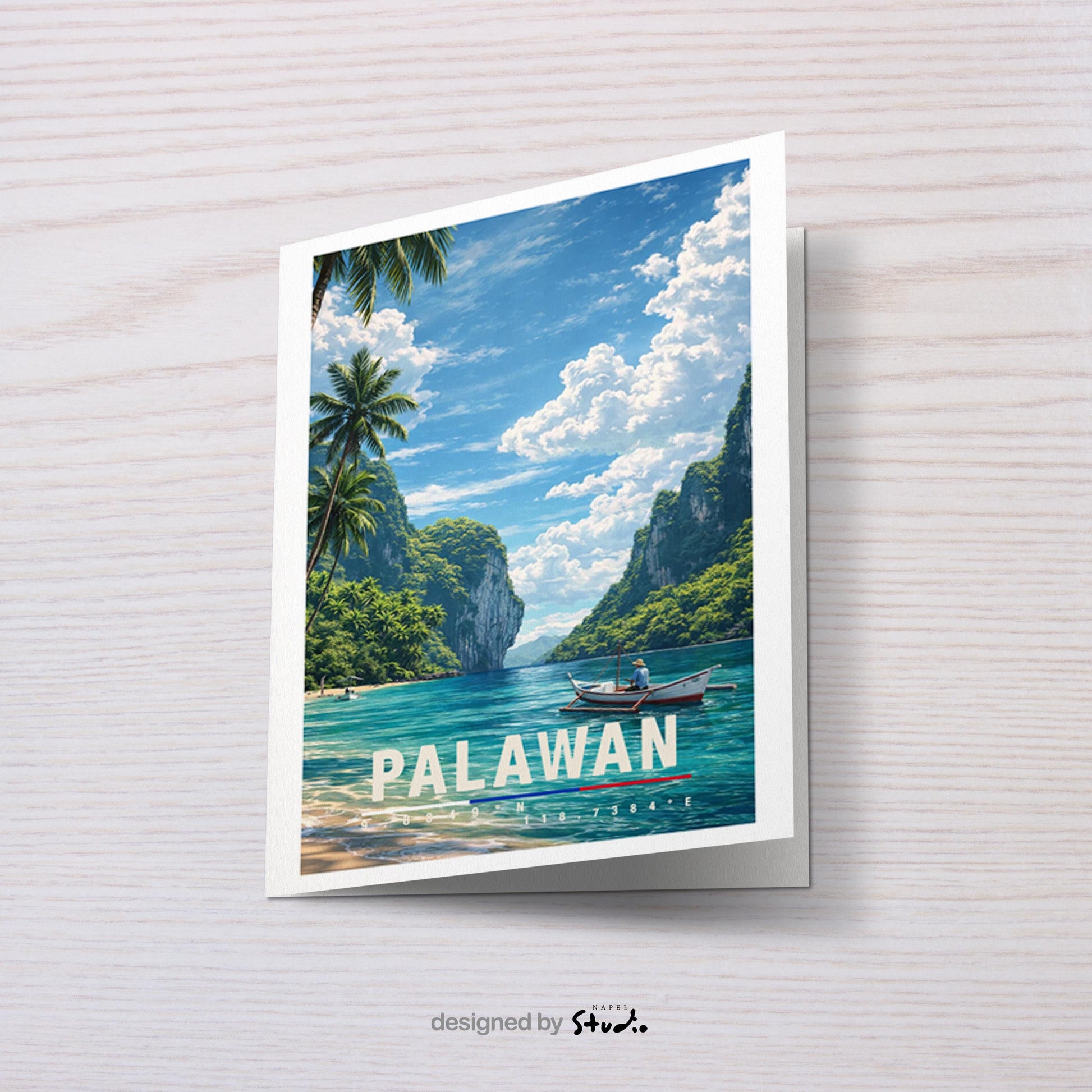 Tropische Grußkarte mit Palawan-Motiv auf den Philippinen, zeigt türkisfarbenes Wasser, Palmen, Boote und imposante Kalksteinfelsen unter weitem Himmel. Die Illustration strahlt Ruhe, Natur und Inselparadies aus. Perfekt als Reise-Grußkarte, Urlaubsgruß oder liebe Nachricht für Weltenbummler, Strandliebhaber und Fernweh-Fans.