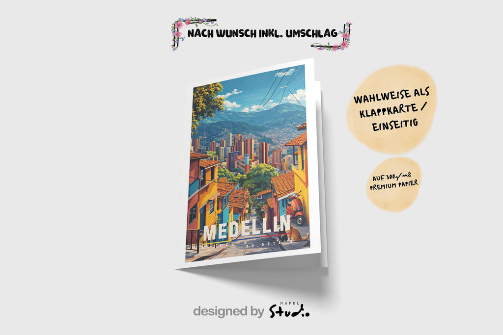 Farbenfrohe Grußkarte mit Medellín-Motiv in Kolumbien, zeigt steile Straßen, bunte Häuser und eine eindrucksvolle Bergkulisse. Die Illustration verbindet urbanes Leben mit südamerikanischer Atmosphäre. Perfekt als Reise-Grußkarte, Städtegruß oder liebe Nachricht für Kolumbien-Fans, Reisende und Kulturbegeisterte.