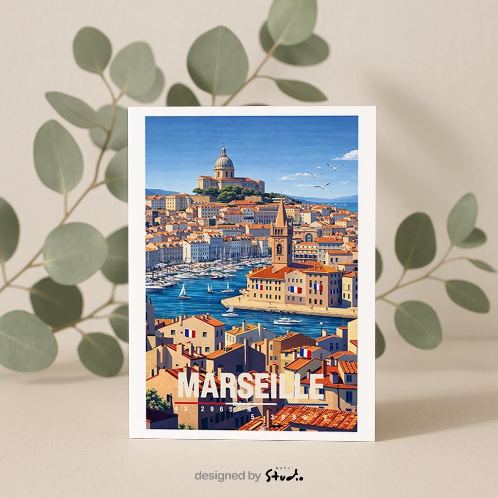 Mediterrane Grußkarte mit Marseille-Motiv, zeigt Hafen, Boote, Altstadt und warme Farben der südfranzösischen Küste. Die Illustration vermittelt Sommer, Meer und südliches Lebensgefühl. Ideal als Reise-Grußkarte, Urlaubsgruß oder liebe Nachricht für Frankreich-Fans, Mittelmeer-Liebhaber und Weltenbummler.
