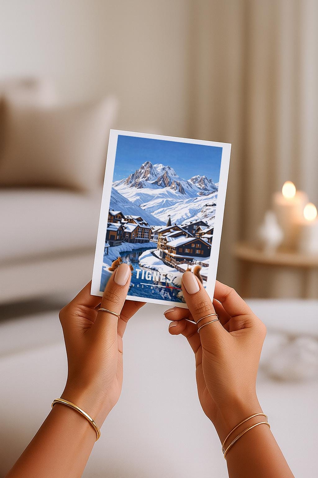 Winterliche Grußkarte mit Tignes-Motiv in Frankreich, zeigt verschneite Chalets, Berge und einen ruhigen Fluss. Die Illustration strahlt alpine Gemütlichkeit, Kälte und klare Bergluft aus. Ideal als Reise-Grußkarte, Wintergruß oder liebe Nachricht für Ski-Fans und Alpenliebhaber.