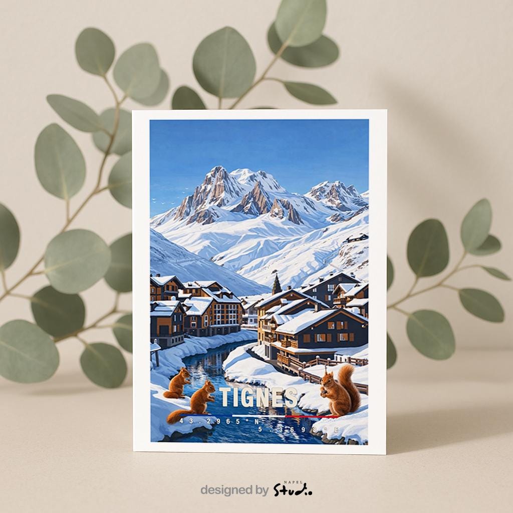 Winterliche Grußkarte mit Tignes-Motiv in Frankreich, zeigt verschneite Chalets, Berge und einen ruhigen Fluss. Die Illustration strahlt alpine Gemütlichkeit, Kälte und klare Bergluft aus. Ideal als Reise-Grußkarte, Wintergruß oder liebe Nachricht für Ski-Fans und Alpenliebhaber.