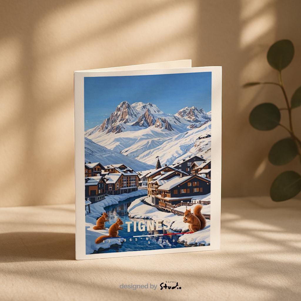 Winterliche Grußkarte mit Tignes-Motiv in Frankreich, zeigt verschneite Chalets, Berge und einen ruhigen Fluss. Die Illustration strahlt alpine Gemütlichkeit, Kälte und klare Bergluft aus. Ideal als Reise-Grußkarte, Wintergruß oder liebe Nachricht für Ski-Fans und Alpenliebhaber.