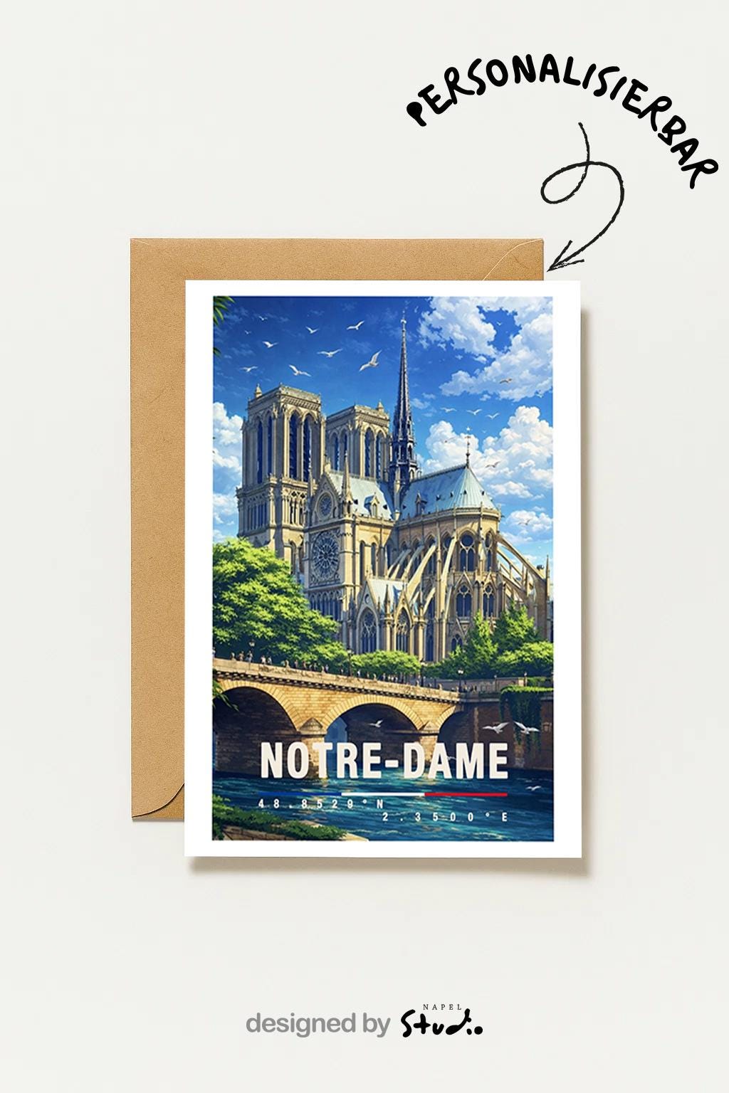 Detailreiche Grußkarte mit Notre-Dame-Motiv in Paris, zeigt die berühmte Kathedrale, Brücke und die Seine unter hellem Himmel. Die Illustration vermittelt Romantik, Geschichte und Pariser Charme. Ideal als Reise-Grußkarte, Städtegruß oder liebe Nachricht für Frankreich- und Paris-Fans.