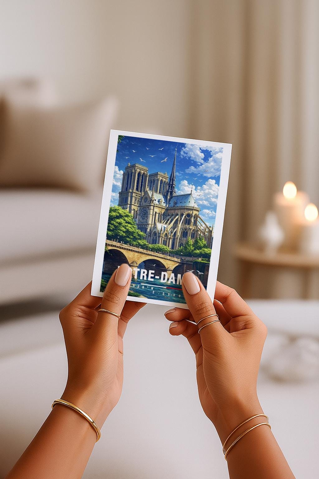 Detailreiche Grußkarte mit Notre-Dame-Motiv in Paris, zeigt die berühmte Kathedrale, Brücke und die Seine unter hellem Himmel. Die Illustration vermittelt Romantik, Geschichte und Pariser Charme. Ideal als Reise-Grußkarte, Städtegruß oder liebe Nachricht für Frankreich- und Paris-Fans.