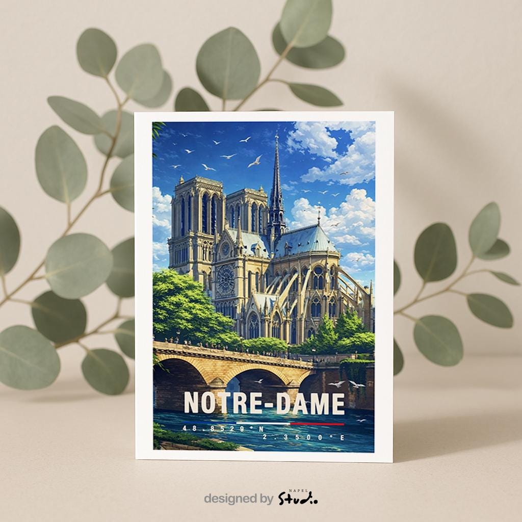 Detailreiche Grußkarte mit Notre-Dame-Motiv in Paris, zeigt die berühmte Kathedrale, Brücke und die Seine unter hellem Himmel. Die Illustration vermittelt Romantik, Geschichte und Pariser Charme. Ideal als Reise-Grußkarte, Städtegruß oder liebe Nachricht für Frankreich- und Paris-Fans.