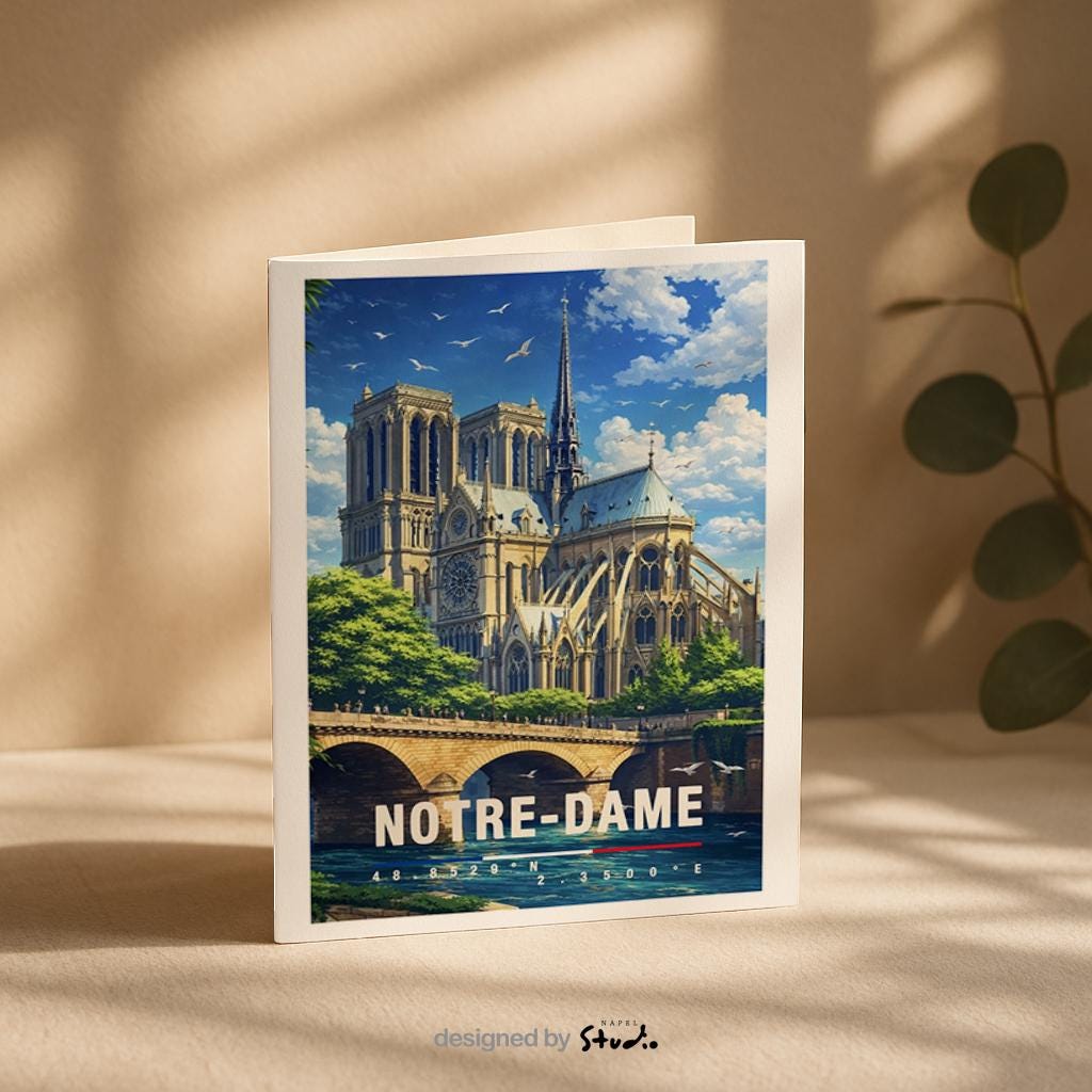 Detailreiche Grußkarte mit Notre-Dame-Motiv in Paris, zeigt die berühmte Kathedrale, Brücke und die Seine unter hellem Himmel. Die Illustration vermittelt Romantik, Geschichte und Pariser Charme. Ideal als Reise-Grußkarte, Städtegruß oder liebe Nachricht für Frankreich- und Paris-Fans.
