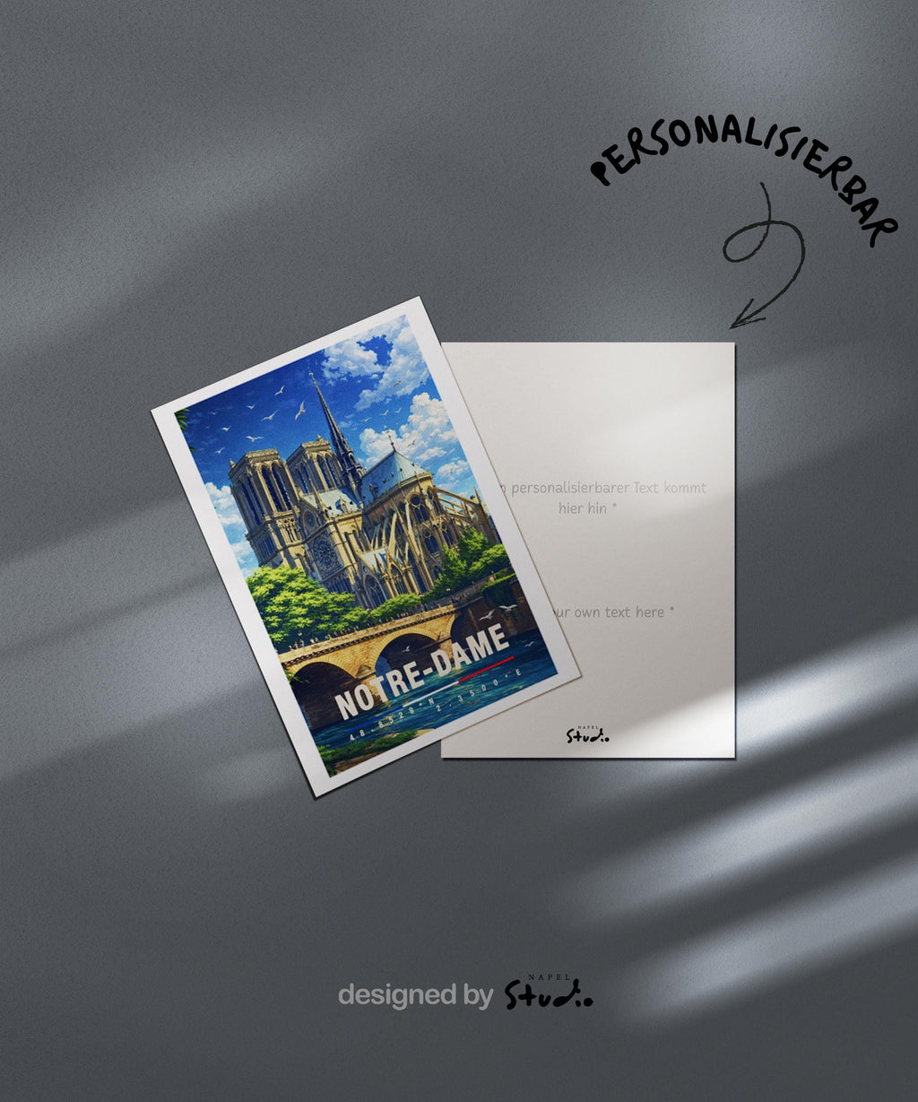 Detailreiche Grußkarte mit Notre-Dame-Motiv in Paris, zeigt die berühmte Kathedrale, Brücke und die Seine unter hellem Himmel. Die Illustration vermittelt Romantik, Geschichte und Pariser Charme. Ideal als Reise-Grußkarte, Städtegruß oder liebe Nachricht für Frankreich- und Paris-Fans.
