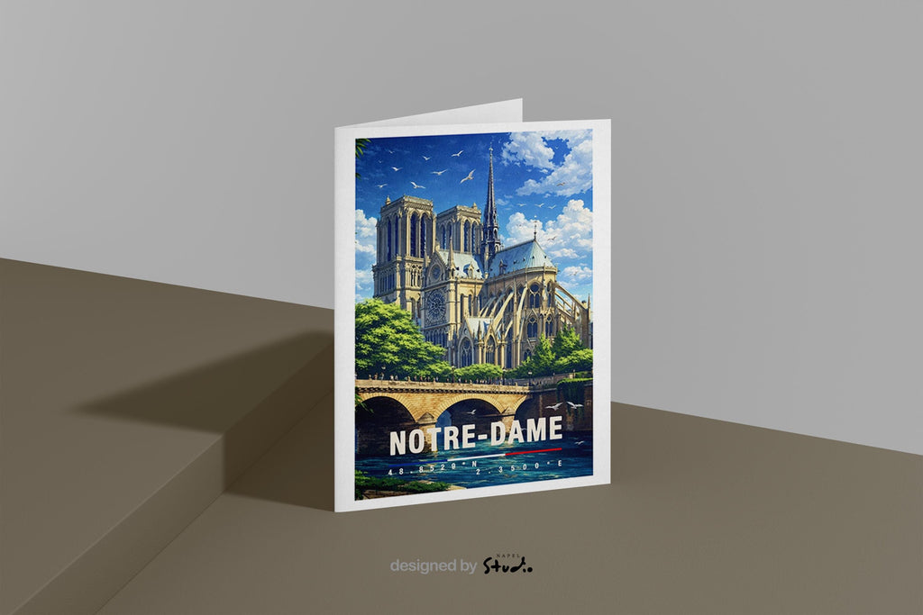 Detailreiche Grußkarte mit Notre-Dame-Motiv in Paris, zeigt die berühmte Kathedrale, Brücke und die Seine unter hellem Himmel. Die Illustration vermittelt Romantik, Geschichte und Pariser Charme. Ideal als Reise-Grußkarte, Städtegruß oder liebe Nachricht für Frankreich- und Paris-Fans.