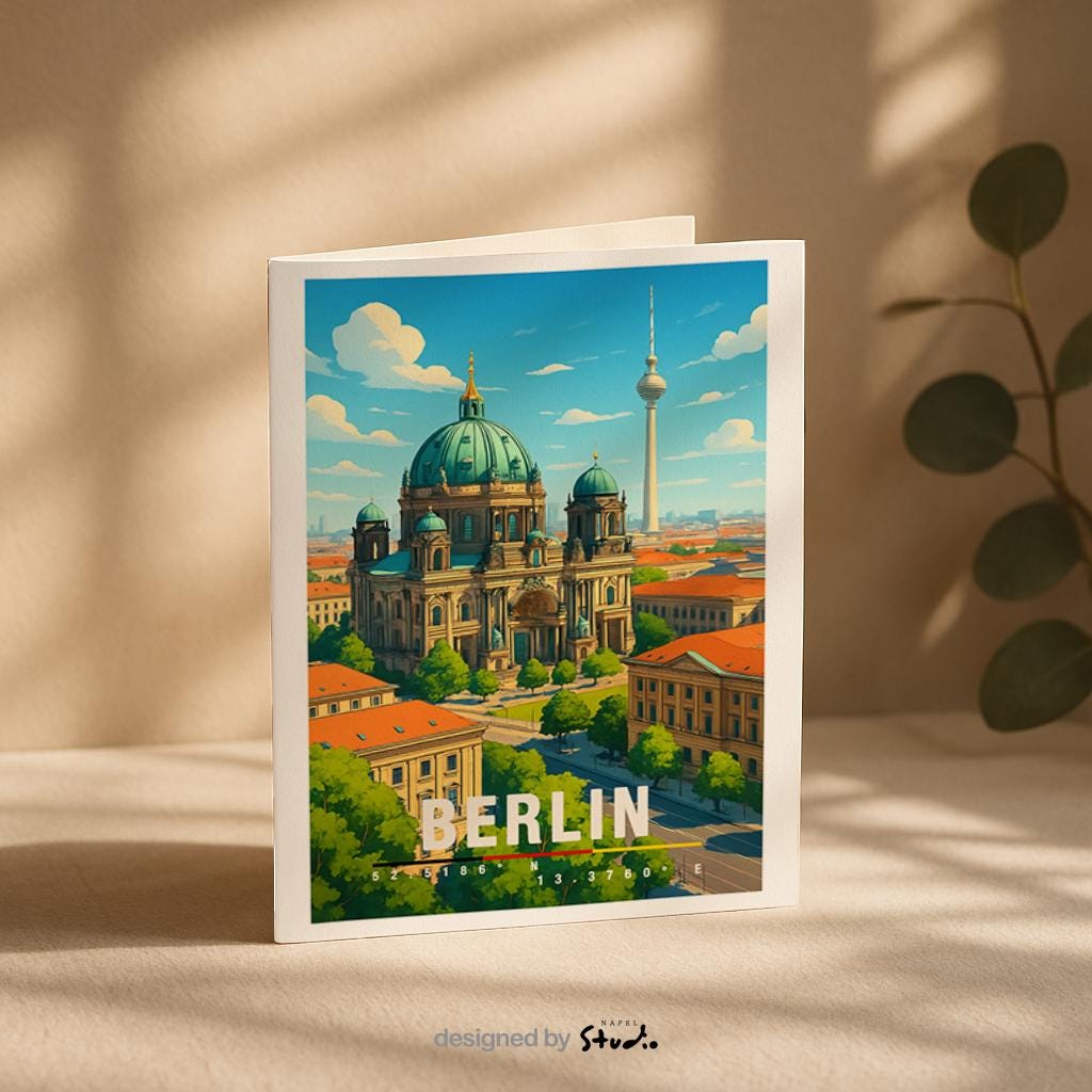 A6-Grußkarte mit Berlin-Illustration: Der Berliner Dom mit grüner Kuppel steht im Mittelpunkt, im Hintergrund ist der Fernsehturm zu sehen. Umgeben von historischen Gebäuden und grünen Bäumen, dargestellt im modernen Travel-Poster-Stil mit klaren Farben. Ideal als Reise- oder Souvenirkarte für Berlin-Liebhaber.