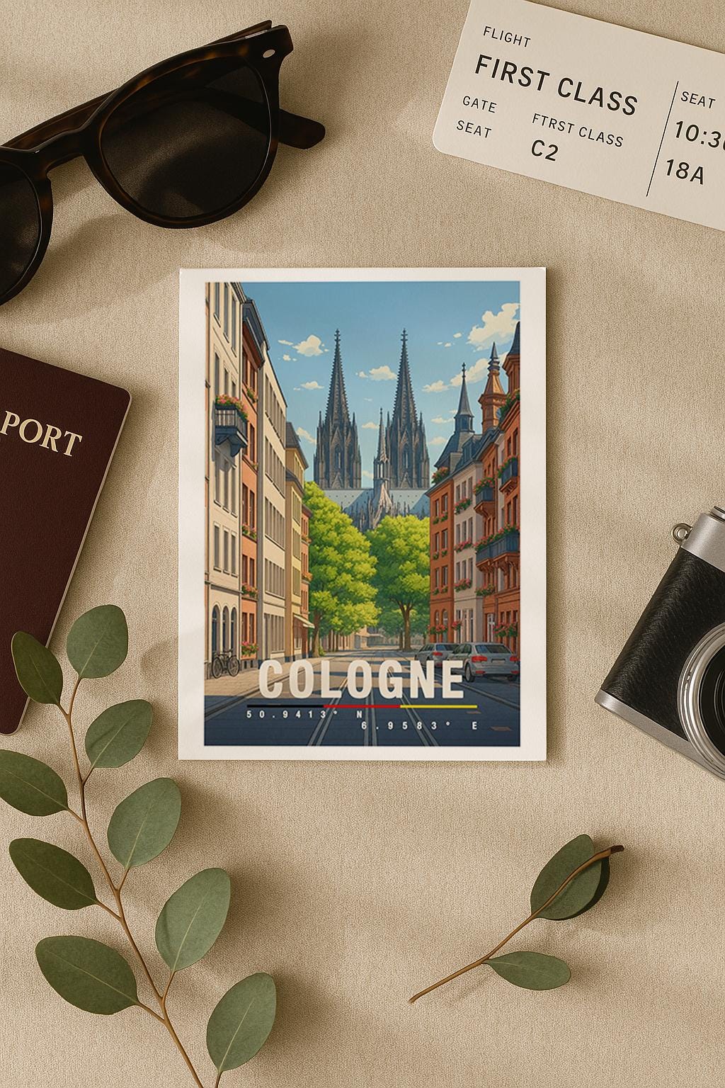 A6-Grußkarte mit Köln-Illustration: Blick durch eine ruhige Straße auf den Kölner Dom mit seinen markanten Türmen. Umgeben von Wohnhäusern, grünen Bäumen und parkenden Autos. Moderne Travel-Poster-Optik mit warmen Farben, ideal als Reise- oder Souvenirkarte für Köln-Liebhaber.