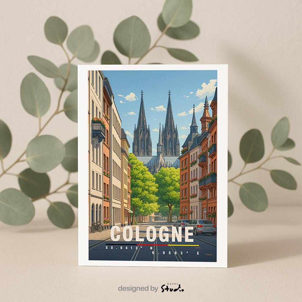 A6-Grußkarte mit Köln-Illustration: Blick durch eine ruhige Straße auf den Kölner Dom mit seinen markanten Türmen. Umgeben von Wohnhäusern, grünen Bäumen und parkenden Autos. Moderne Travel-Poster-Optik mit warmen Farben, ideal als Reise- oder Souvenirkarte für Köln-Liebhaber.