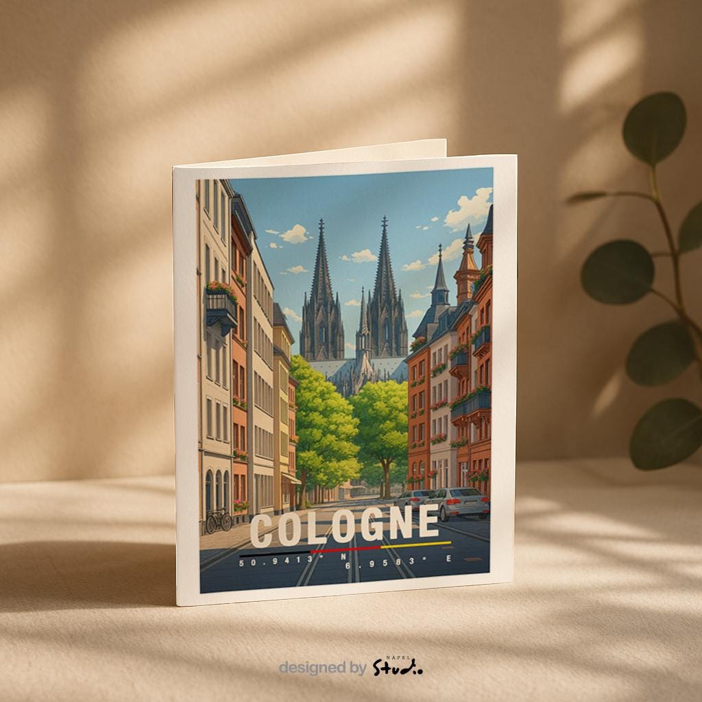 A6-Grußkarte mit Köln-Illustration: Blick durch eine ruhige Straße auf den Kölner Dom mit seinen markanten Türmen. Umgeben von Wohnhäusern, grünen Bäumen und parkenden Autos. Moderne Travel-Poster-Optik mit warmen Farben, ideal als Reise- oder Souvenirkarte für Köln-Liebhaber.
