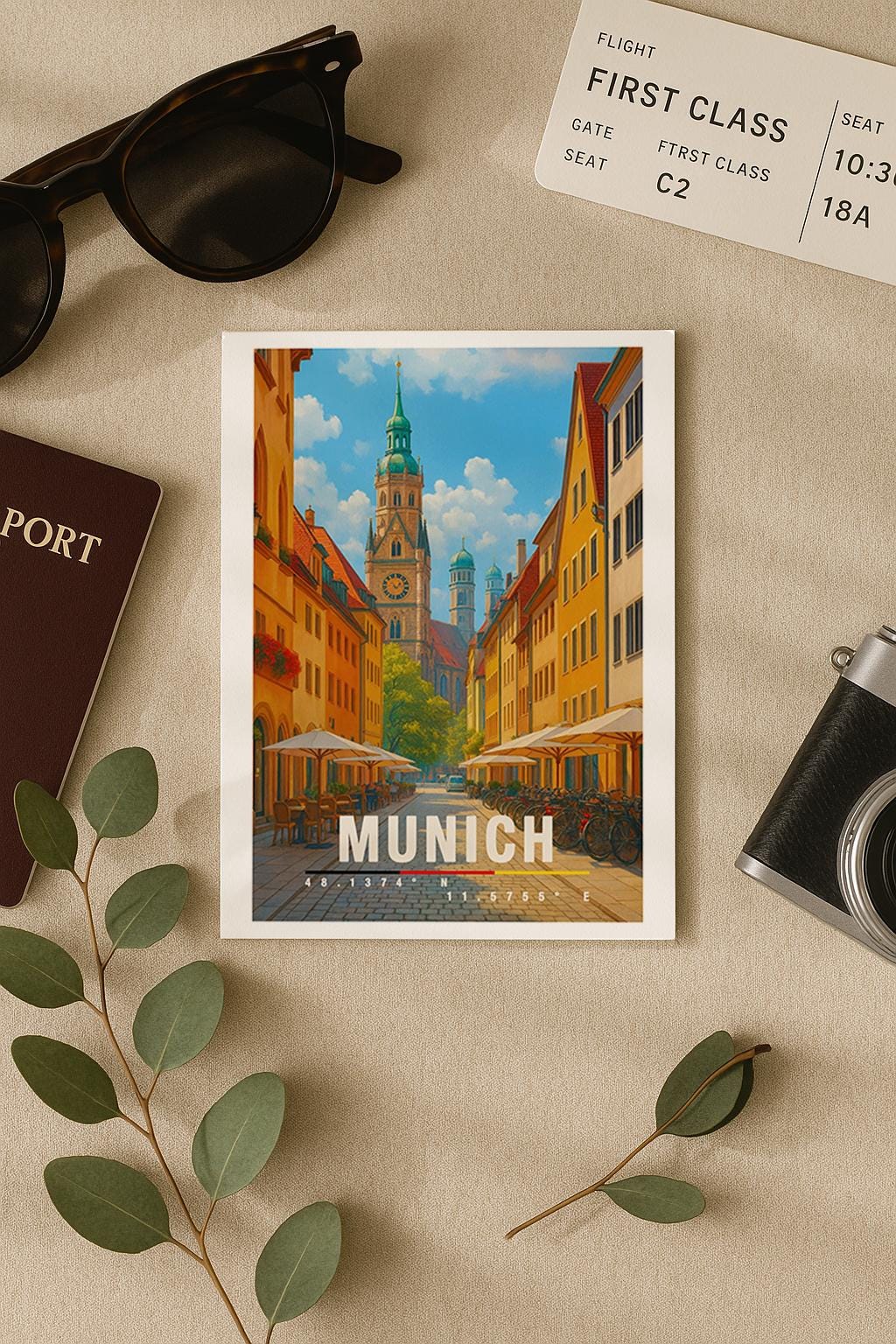 A6-Grußkarte mit München-Illustration: Blick durch eine gemütliche Altstadtstraße mit Cafés und Fahrrädern auf historische Türme und Dächer. Warme Farben, klare Linien und moderner Travel-Poster-Stil. Ideal als Reise- oder Souvenirkarte für München- und Bayern-Liebhaber.