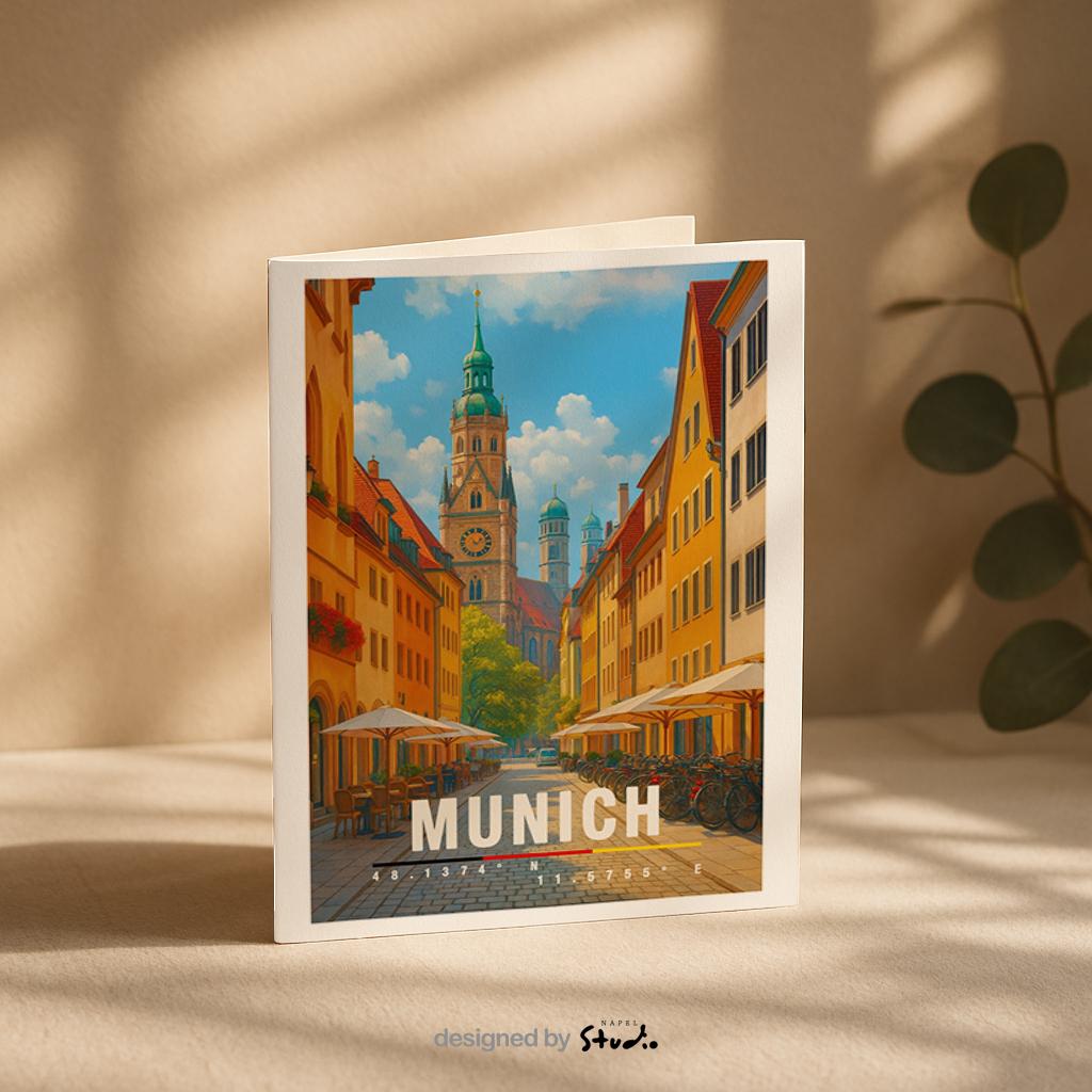A6-Grußkarte mit München-Illustration: Blick durch eine gemütliche Altstadtstraße mit Cafés und Fahrrädern auf historische Türme und Dächer. Warme Farben, klare Linien und moderner Travel-Poster-Stil. Ideal als Reise- oder Souvenirkarte für München- und Bayern-Liebhaber.