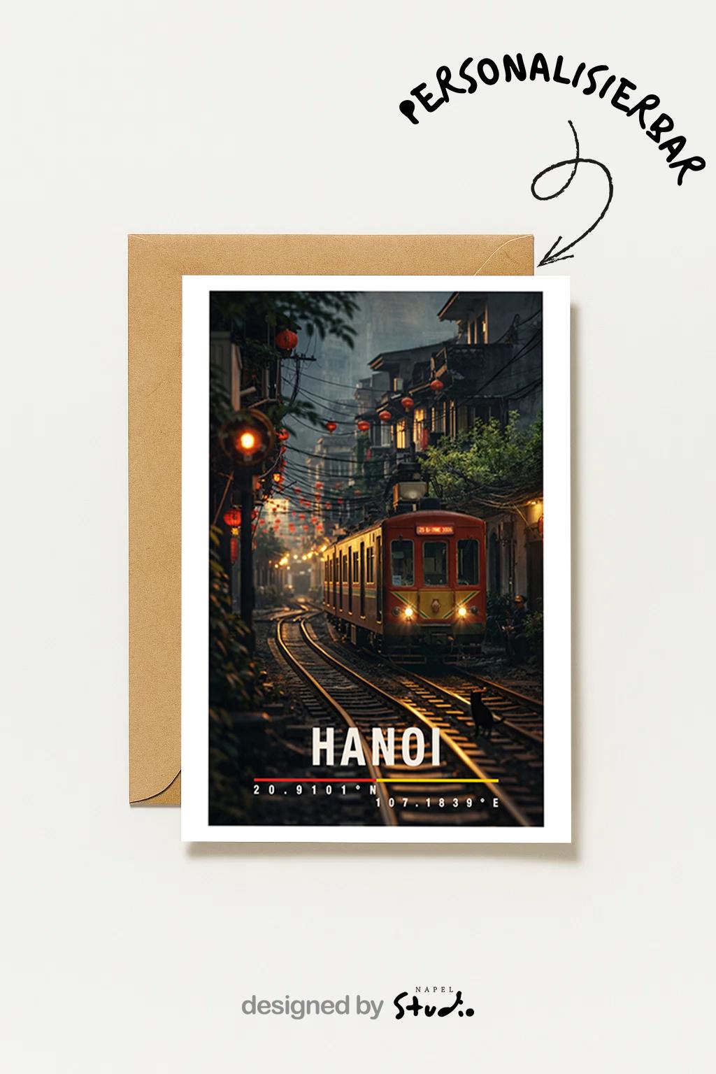 Atmosphärische Grußkarte mit Hanoi-Motiv, zeigt einen Zug inmitten der Altstadt, Laternen und enge Häuserreihen. Die Illustration verbindet urbanes Leben, Geschichte und vietnamesische Kultur. Perfekt als Reise-Grußkarte, Städtegruß oder besondere Nachricht für Vietnam- und Asien-Liebhaber.