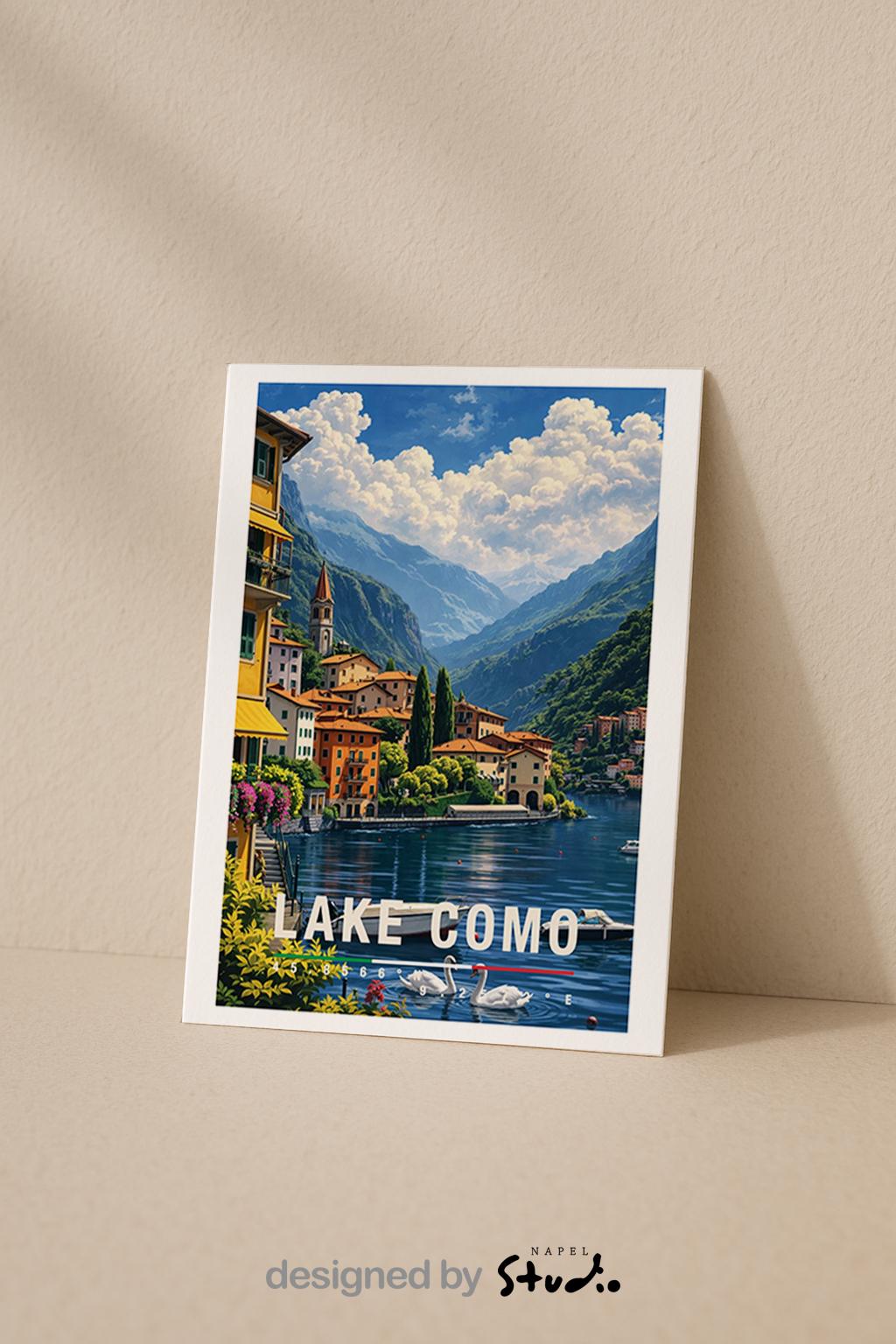 Romantische Grußkarte mit Lake-Como-Motiv in Italien, zeigt ruhiges Wasser, historische Villen, Zypressen und Berge im Hintergrund. Die Illustration vermittelt Eleganz, Ruhe und mediterranes Lebensgefühl. Ideal als Reise-Grußkarte, Urlaubsgruß oder liebe Nachricht für Italien-Fans, Romantiker und Naturfreunde.