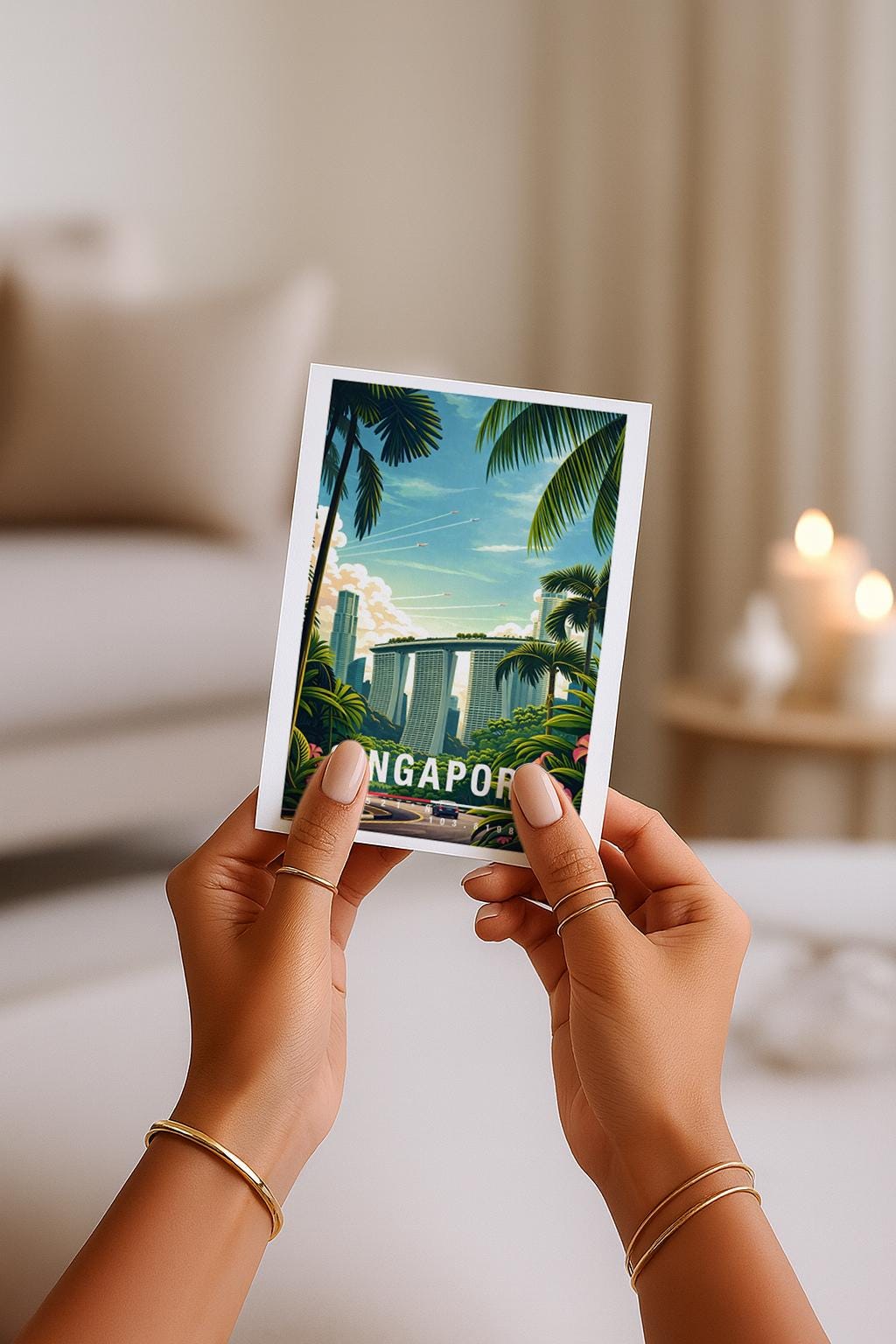 Illustrative Grußkarte mit Singapore-Motiv, zeigt moderne Hochhäuser eingebettet in tropische Palmen und üppiges Grün. Die Szene verbindet Großstadt und Natur und vermittelt Leichtigkeit, Wärme und Fernweh. Perfekt als Reise-Grußkarte, Urlaubsgruß oder liebe Nachricht für Asien-Fans und Städtereisende.