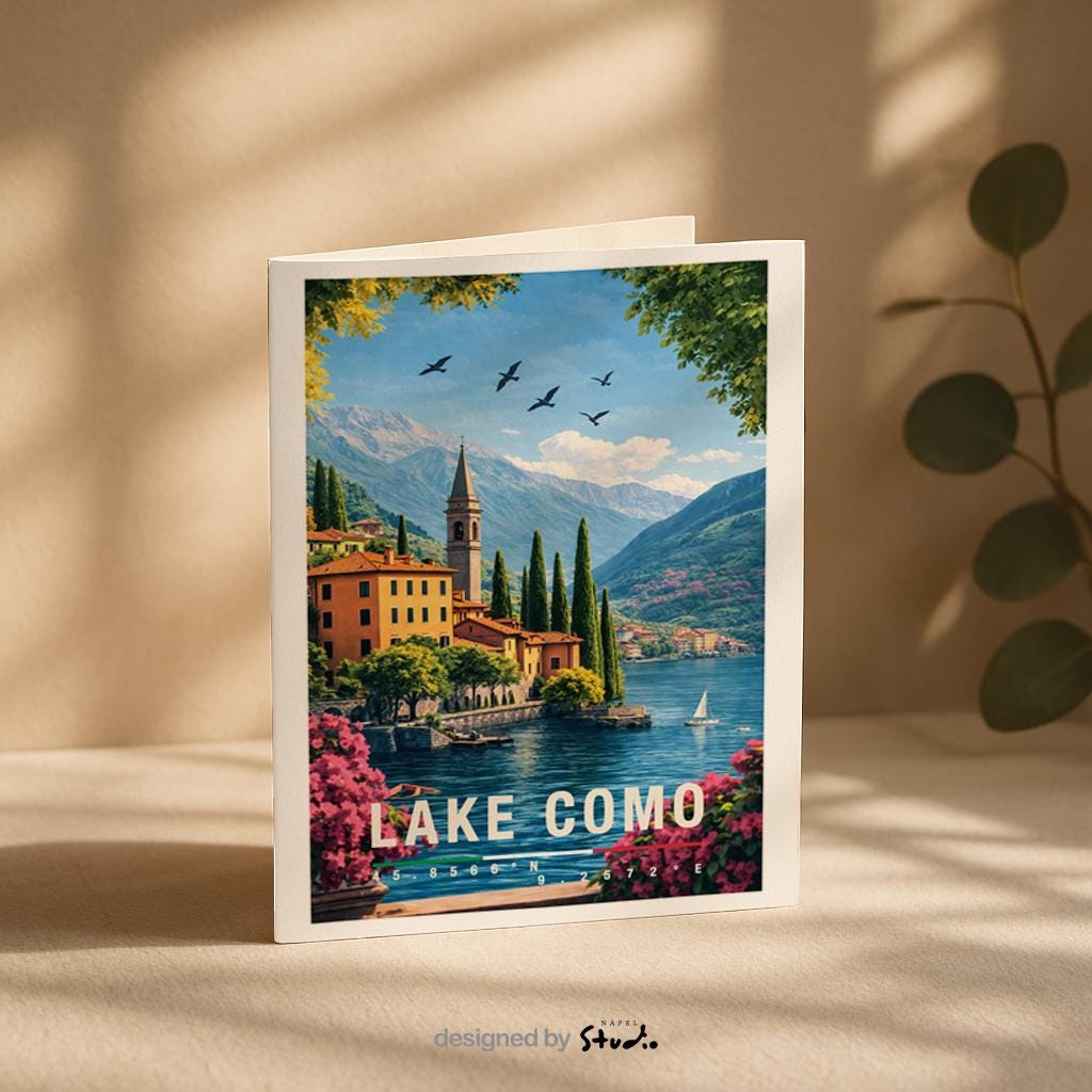 Stilvolle Grußkarte mit Lake-Como-Motiv, zeigt farbenfrohe Häuser, Boote am Ufer und eine imposante Bergkulisse. Die Illustration strahlt Ruhe, Eleganz und italienischen Charme aus. Perfekt als Reise-Grußkarte, Urlaubsgruß oder liebevolle Nachricht für Seeliebhaber und Italien-Begeisterte.