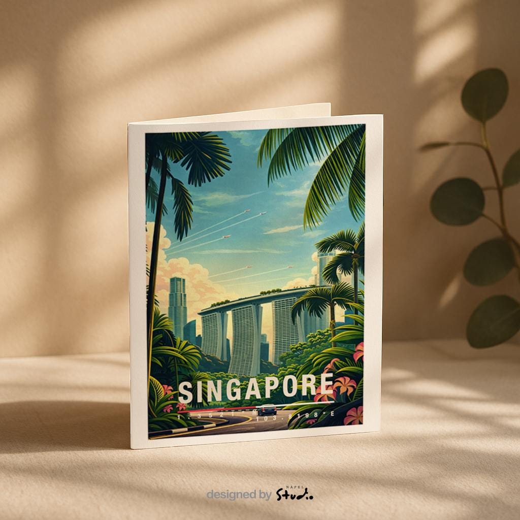 Illustrative Grußkarte mit Singapore-Motiv, zeigt moderne Hochhäuser eingebettet in tropische Palmen und üppiges Grün. Die Szene verbindet Großstadt und Natur und vermittelt Leichtigkeit, Wärme und Fernweh. Perfekt als Reise-Grußkarte, Urlaubsgruß oder liebe Nachricht für Asien-Fans und Städtereisende.