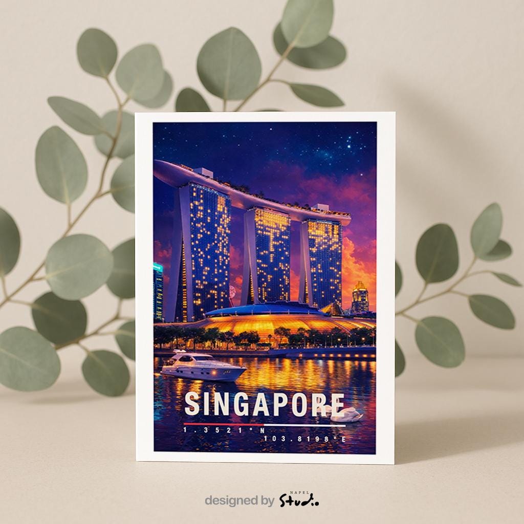 Moderne Grußkarte mit nächtlichem Singapore-Motiv, zeigt die leuchtende Skyline und das ikonische Marina-Bay-Gebäude mit Spiegelungen im Wasser. Die Illustration vermittelt urbanen Luxus, asiatische Metropole und Reisefieber. Ideal als Reise-Grußkarte, Urlaubsgruß oder stilvolle Nachricht für Singapore-Fans, Weltenbummler und Liebhaber moderner Städte.