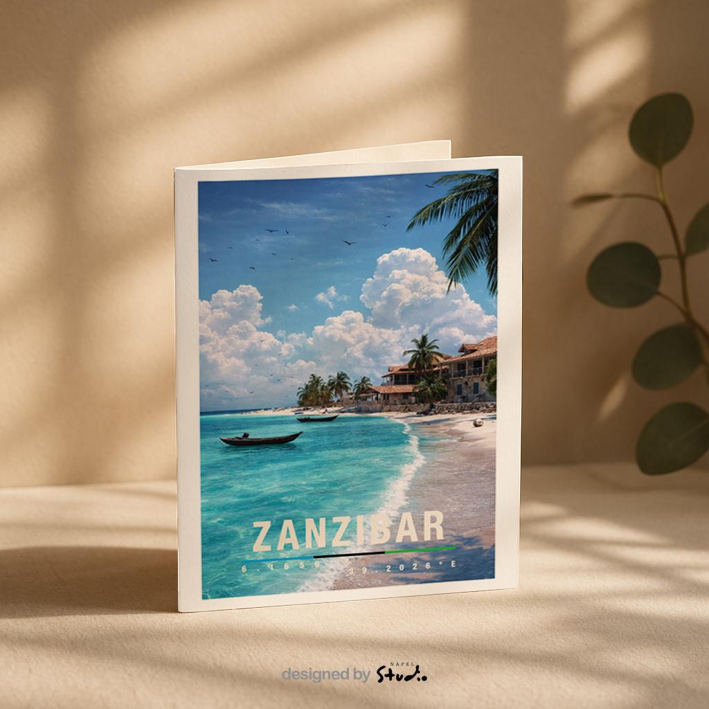 Tropische Grußkarte mit Zanzibar-Motiv in Tansania, zeigt weißen Sandstrand, Palmen, türkisfarbenes Meer und traditionelle Boote. Die Illustration vermittelt Entspannung, Wärme und Inselparadies. Ideal als Reise-Grußkarte, Urlaubsgruß oder liebe Nachricht für Afrika-Fans und Fernweh-Liebhaber.