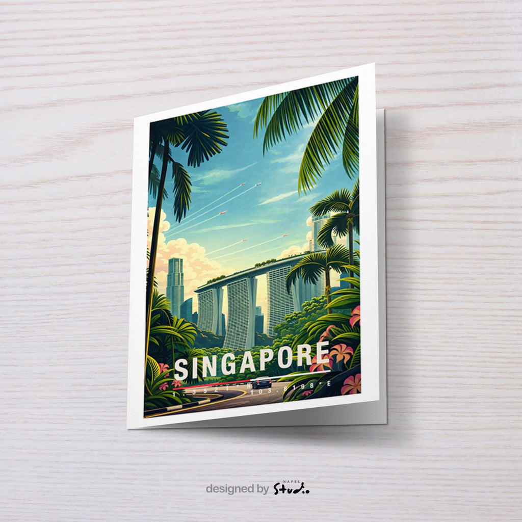 Illustrative Grußkarte mit Singapore-Motiv, zeigt moderne Hochhäuser eingebettet in tropische Palmen und üppiges Grün. Die Szene verbindet Großstadt und Natur und vermittelt Leichtigkeit, Wärme und Fernweh. Perfekt als Reise-Grußkarte, Urlaubsgruß oder liebe Nachricht für Asien-Fans und Städtereisende.