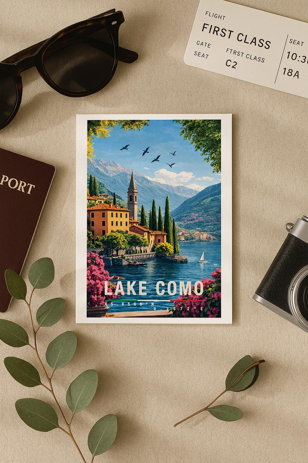 Stilvolle Grußkarte mit Lake-Como-Motiv, zeigt farbenfrohe Häuser, Boote am Ufer und eine imposante Bergkulisse. Die Illustration strahlt Ruhe, Eleganz und italienischen Charme aus. Perfekt als Reise-Grußkarte, Urlaubsgruß oder liebevolle Nachricht für Seeliebhaber und Italien-Begeisterte.
