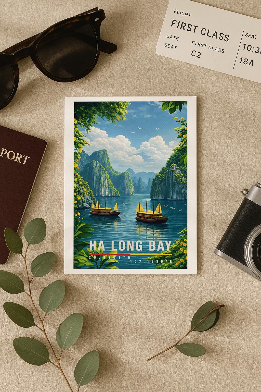 Naturinspirierte Grußkarte mit Ha-Long-Bay-Motiv, zeigt ruhiges Wasser, traditionelle Boote und markante Kalksteinfelsen. Die Illustration vermittelt Ruhe, Weite und exotische Landschaft. Ideal als Reise-Grußkarte, Urlaubsgruß oder liebe Nachricht für Natur- und Asien-Fans.