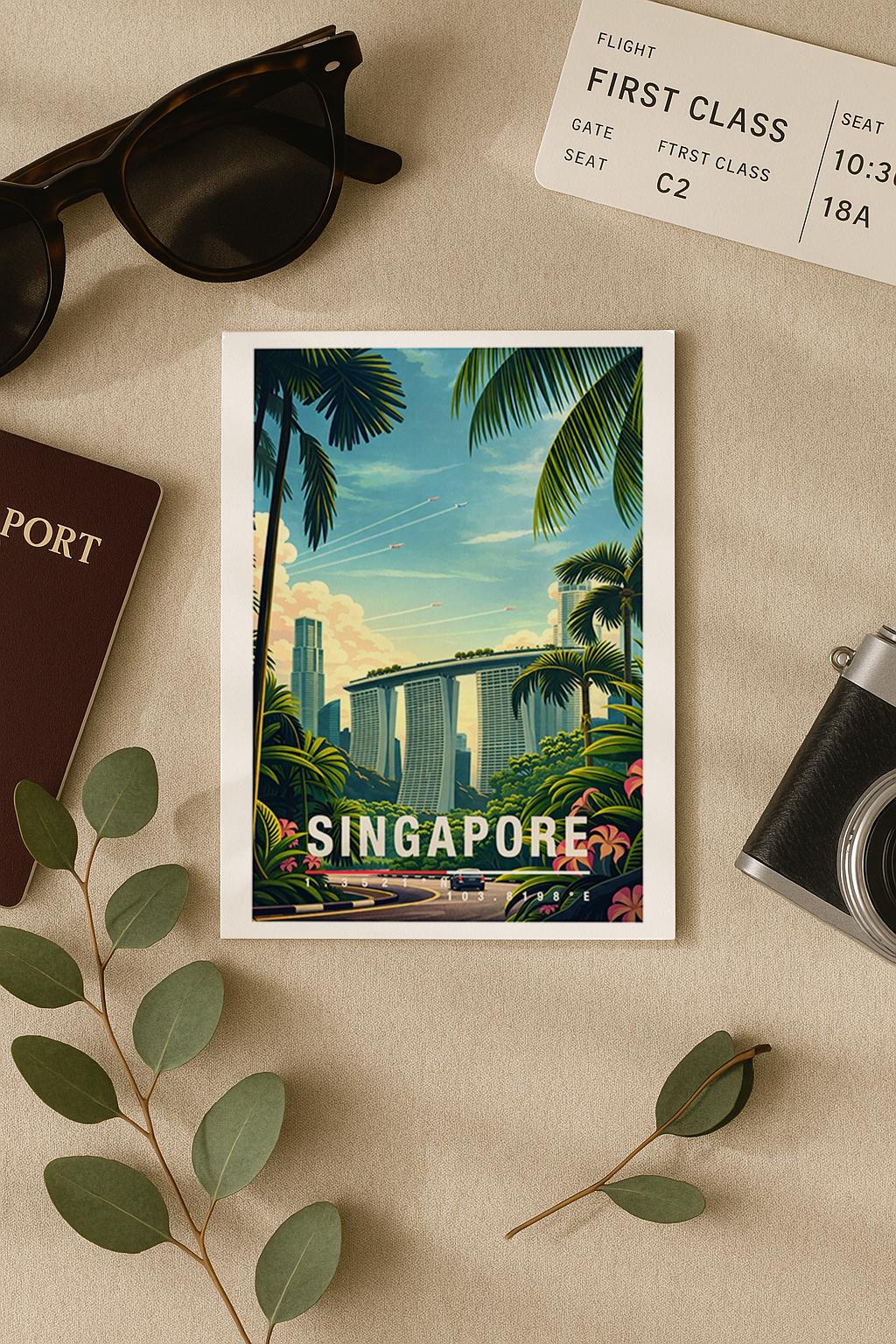 Illustrative Grußkarte mit Singapore-Motiv, zeigt moderne Hochhäuser eingebettet in tropische Palmen und üppiges Grün. Die Szene verbindet Großstadt und Natur und vermittelt Leichtigkeit, Wärme und Fernweh. Perfekt als Reise-Grußkarte, Urlaubsgruß oder liebe Nachricht für Asien-Fans und Städtereisende.