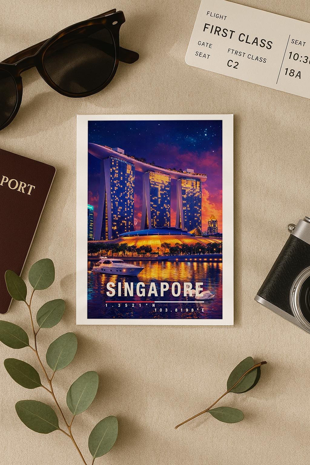 Moderne Grußkarte mit nächtlichem Singapore-Motiv, zeigt die leuchtende Skyline und das ikonische Marina-Bay-Gebäude mit Spiegelungen im Wasser. Die Illustration vermittelt urbanen Luxus, asiatische Metropole und Reisefieber. Ideal als Reise-Grußkarte, Urlaubsgruß oder stilvolle Nachricht für Singapore-Fans, Weltenbummler und Liebhaber moderner Städte.