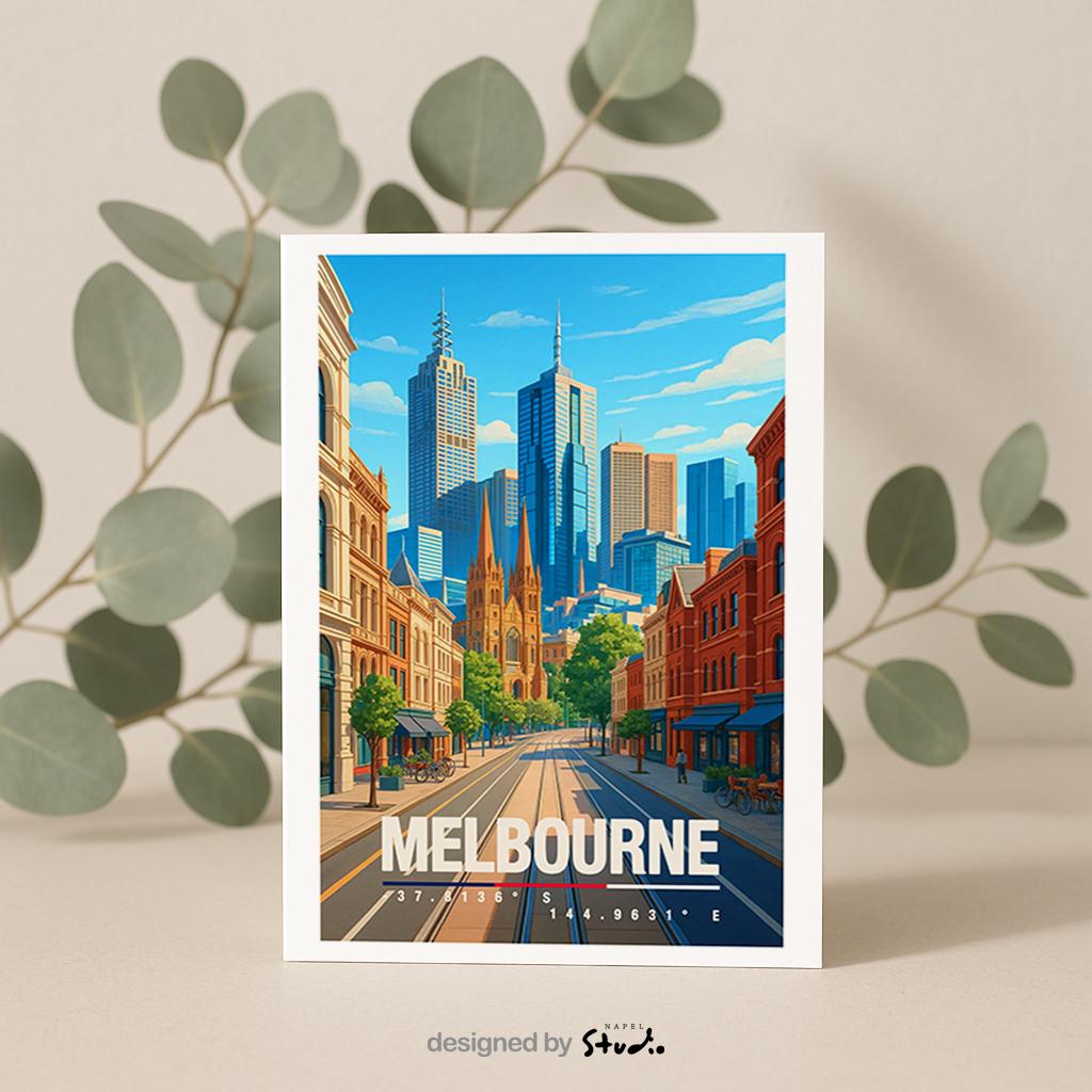 A6-Grußkarte mit Melbourne-Illustration: Blick durch eine urbane Straße mit historischen Fassaden auf eine moderne Skyline aus Hochhäusern. Klare Linien, warme Farben und moderner Travel-Poster-Stil. Ideal als Reise- oder Souvenirkarte für Melbourne- und Australien-Liebhaber.