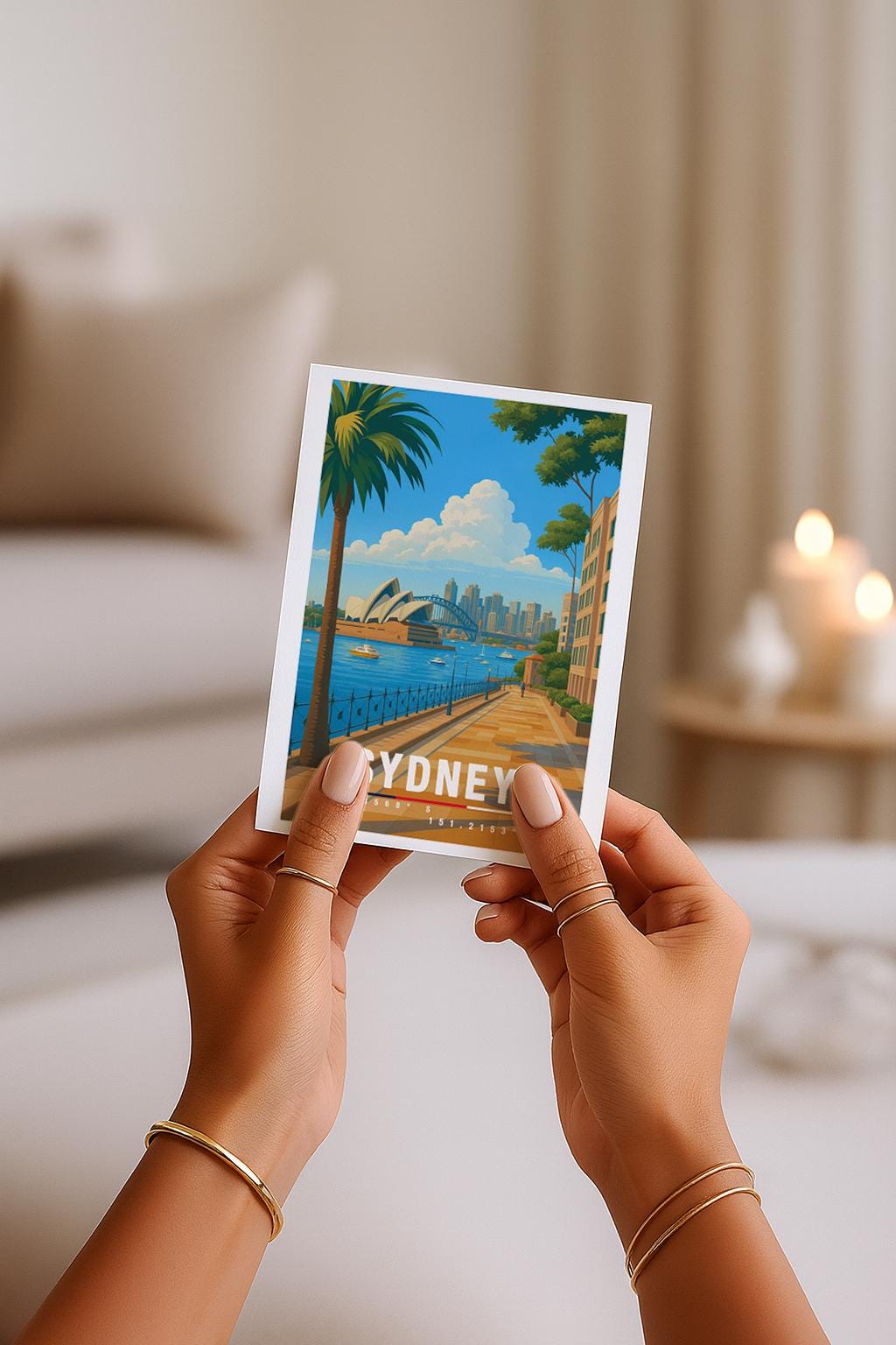 A6-Grußkarte mit Sydney-Illustration: Blick entlang einer palmengesäumten Promenade auf das Opera House und die Harbour Bridge, dahinter die Skyline am Wasser. Boote im Hafen, heller Himmel und klare Farben im modernen Travel-Poster-Stil. Ideal als Reise- oder Souvenirkarte für Sydney- und Australien-Liebhaber.