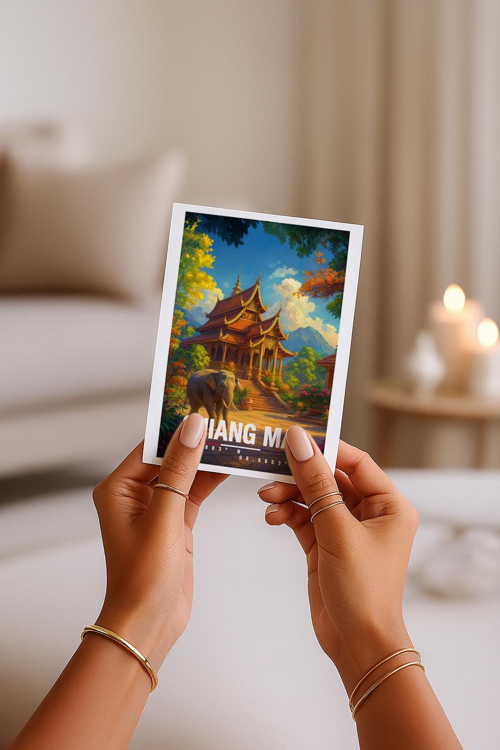A6-Grußkarte mit Chiang-Mai-Illustration: Traditioneller thailändischer Tempel mit goldenen Dächern, umgeben von üppiger Natur. Ein Elefant steht im Vordergrund, im Hintergrund Berge und Himmel. Warme Farben und moderner Travel-Poster-Stil, ideal als Reise- oder Souvenirkarte für Thailand- und Asien-Liebhaber.
