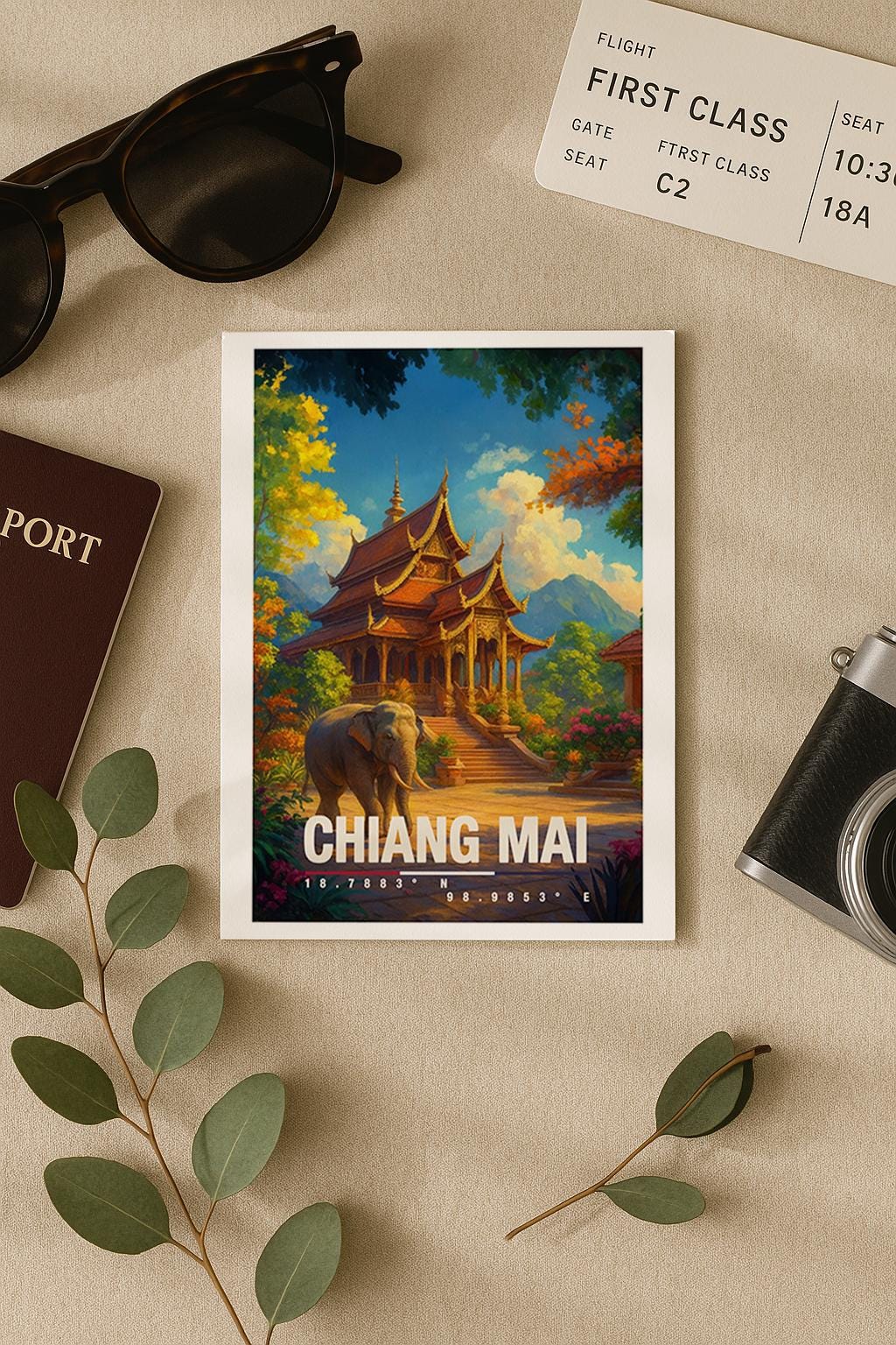 A6-Grußkarte mit Chiang-Mai-Illustration: Traditioneller thailändischer Tempel mit goldenen Dächern, umgeben von üppiger Natur. Ein Elefant steht im Vordergrund, im Hintergrund Berge und Himmel. Warme Farben und moderner Travel-Poster-Stil, ideal als Reise- oder Souvenirkarte für Thailand- und Asien-Liebhaber.