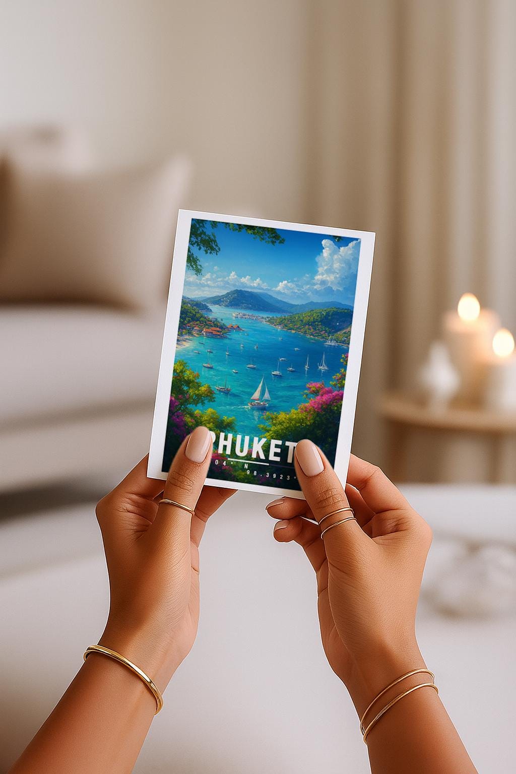 A6-Grußkarte mit Phuket-Illustration: Blick auf eine tropische Bucht mit türkisblauem Meer, zahlreichen Segelbooten und grünen Inselhügeln. Bunte Blumen und Bäume rahmen die Szene ein, im Hintergrund liegen Küste und Dörfer. Heller Himmel mit Wolken, moderner Travel-Poster-Stil, ideal als Reise- oder Souvenirkarte für Thailand- und Insel-Liebhaber.