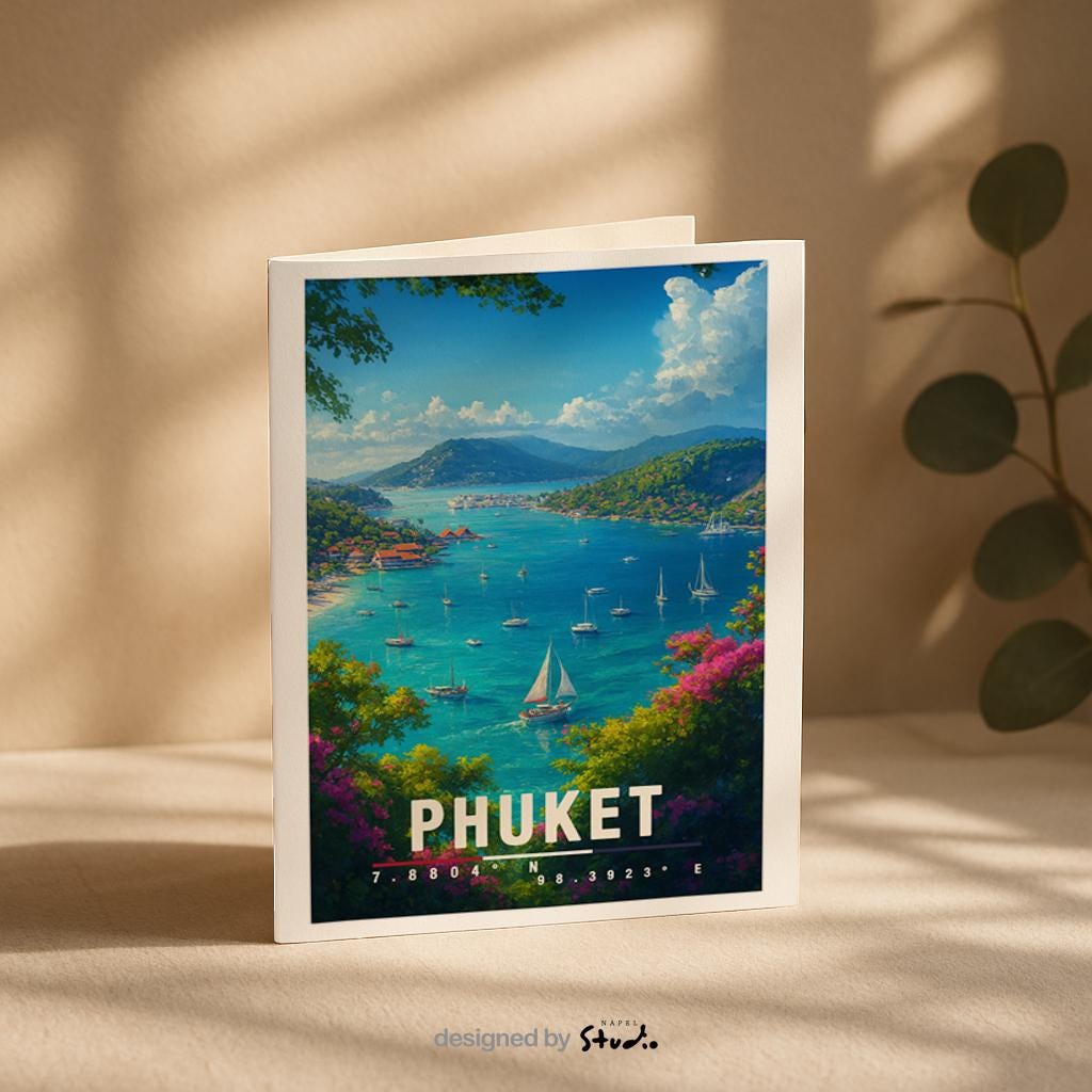 A6-Grußkarte mit Phuket-Illustration: Blick auf eine tropische Bucht mit türkisblauem Meer, zahlreichen Segelbooten und grünen Inselhügeln. Bunte Blumen und Bäume rahmen die Szene ein, im Hintergrund liegen Küste und Dörfer. Heller Himmel mit Wolken, moderner Travel-Poster-Stil, ideal als Reise- oder Souvenirkarte für Thailand- und Insel-Liebhaber.
