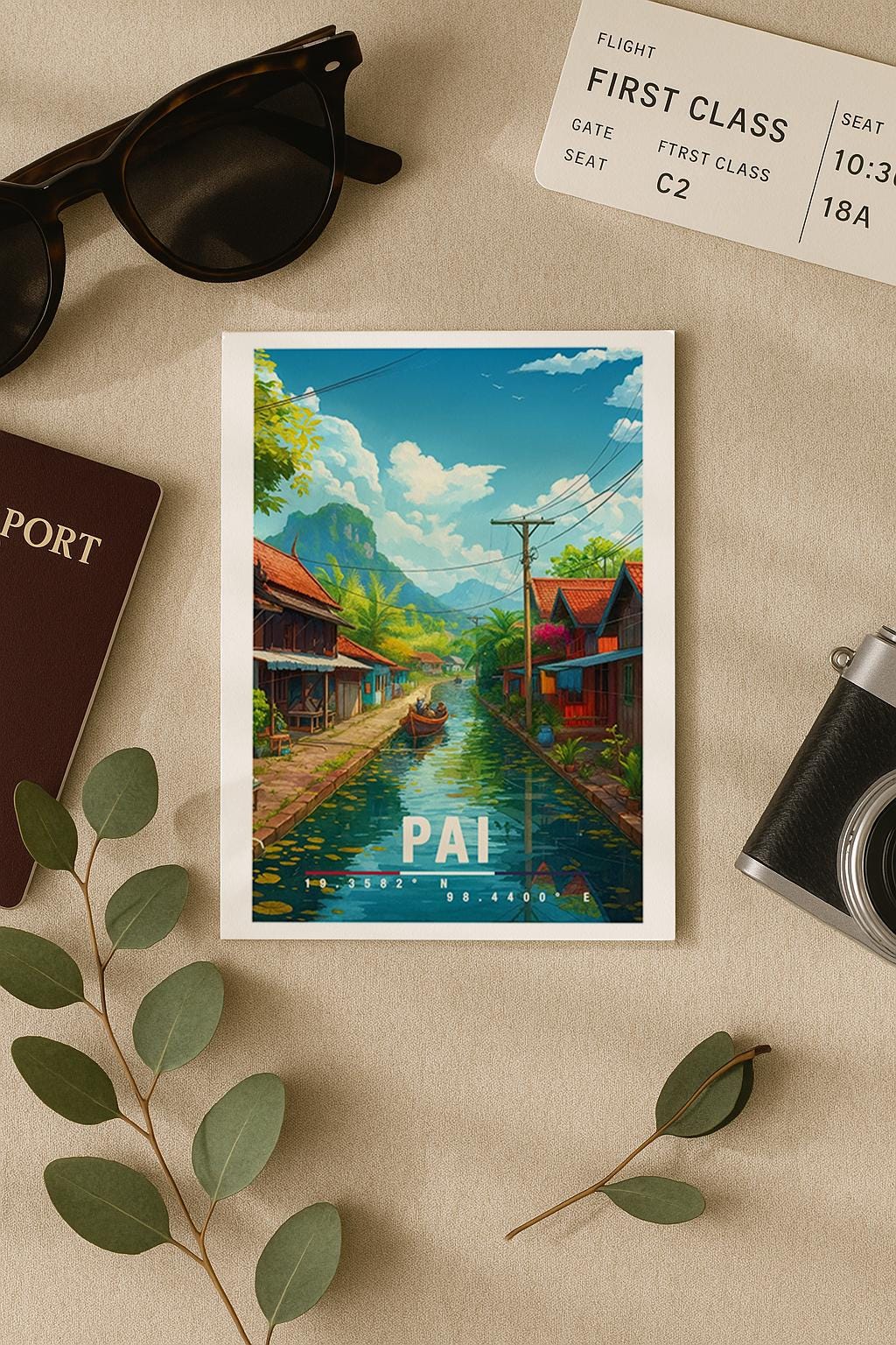 A6-Grußkarte mit Pai-Illustration: Ein ruhiger Fluss zieht sich durch ein thailändisches Dorf mit traditionellen Holzhäusern, Booten und üppiger tropischer Vegetation. Palmen, Berge und ein blauer Himmel mit Wolken rahmen die Szene ein. Sanfte Farben und moderner Travel-Poster-Stil vermitteln Ruhe, Naturverbundenheit und das entspannte Lebensgefühl von Pai in Thailand.