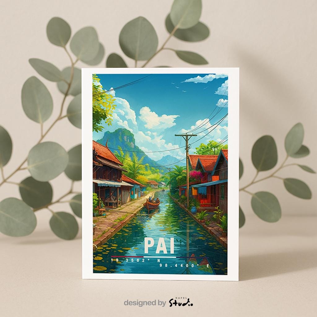 A6-Grußkarte mit Pai-Illustration: Ein ruhiger Fluss zieht sich durch ein thailändisches Dorf mit traditionellen Holzhäusern, Booten und üppiger tropischer Vegetation. Palmen, Berge und ein blauer Himmel mit Wolken rahmen die Szene ein. Sanfte Farben und moderner Travel-Poster-Stil vermitteln Ruhe, Naturverbundenheit und das entspannte Lebensgefühl von Pai in Thailand.