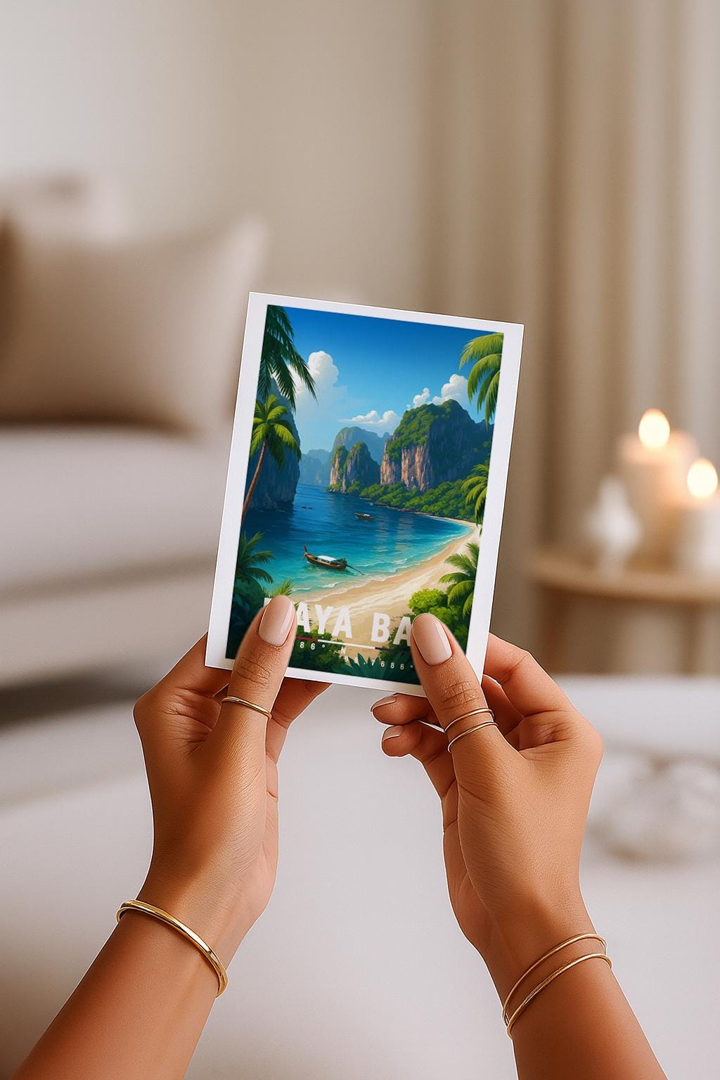 A6-Grußkarte mit Maya-Bay-Illustration: Tropischer Sandstrand mit türkisblauem Meer, traditionellen Booten und hohen Kalksteinfelsen. Palmen und üppige Vegetation rahmen die Bucht ein, im Hintergrund ragen grüne Felsen unter blauem Himmel mit Wolken auf. Leuchtende Farben und moderner Travel-Poster-Stil, ideal als Reise- oder Souvenirkarte für Thailand- und Insel-Liebhaber.