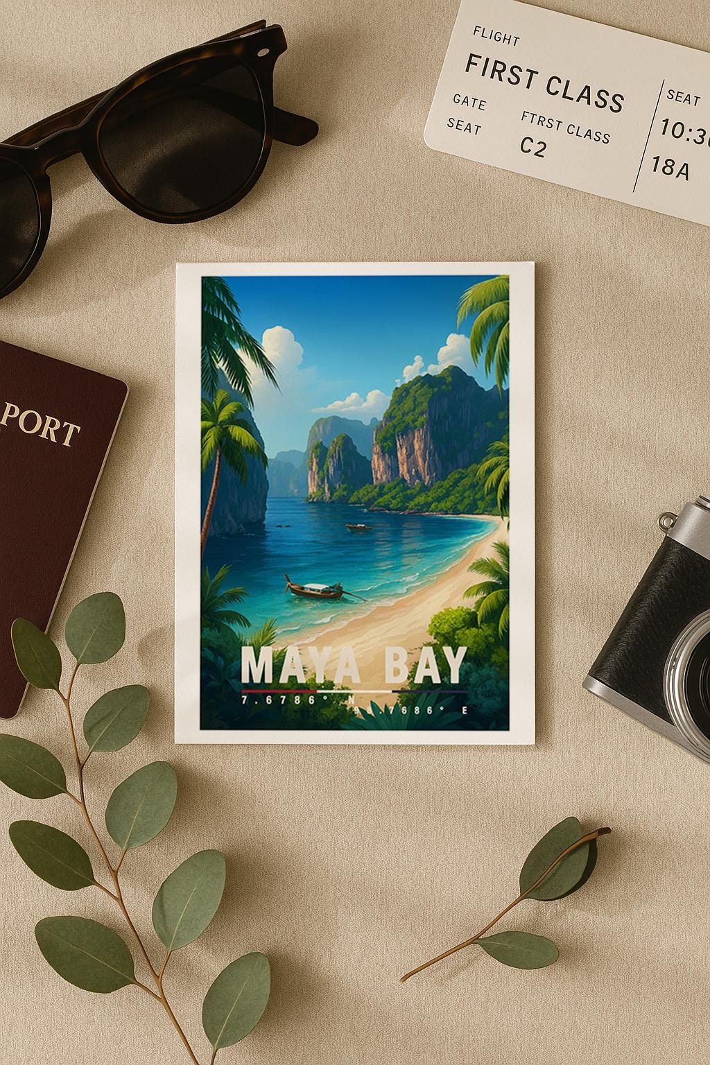 A6-Grußkarte mit Maya-Bay-Illustration: Tropischer Sandstrand mit türkisblauem Meer, traditionellen Booten und hohen Kalksteinfelsen. Palmen und üppige Vegetation rahmen die Bucht ein, im Hintergrund ragen grüne Felsen unter blauem Himmel mit Wolken auf. Leuchtende Farben und moderner Travel-Poster-Stil, ideal als Reise- oder Souvenirkarte für Thailand- und Insel-Liebhaber.