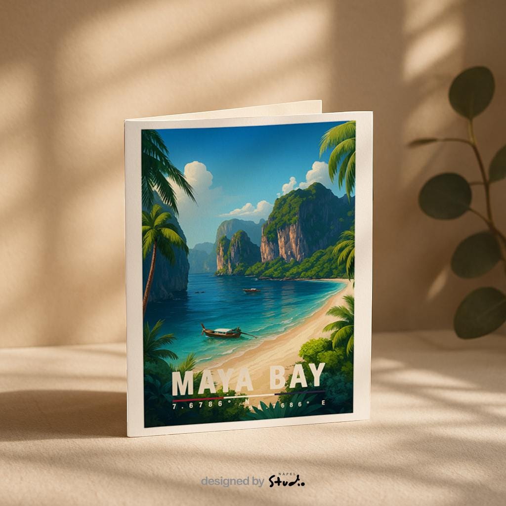 A6-Grußkarte mit Maya-Bay-Illustration: Tropischer Sandstrand mit türkisblauem Meer, traditionellen Booten und hohen Kalksteinfelsen. Palmen und üppige Vegetation rahmen die Bucht ein, im Hintergrund ragen grüne Felsen unter blauem Himmel mit Wolken auf. Leuchtende Farben und moderner Travel-Poster-Stil, ideal als Reise- oder Souvenirkarte für Thailand- und Insel-Liebhaber.