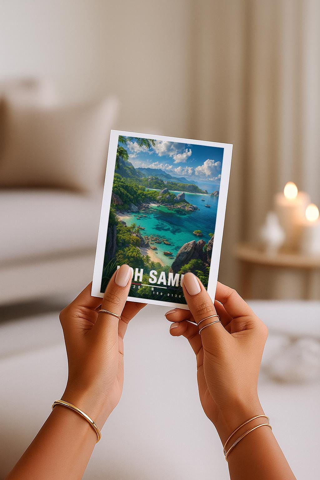 A6-Grußkarte mit Koh-Samui-Illustration: Blick auf eine tropische Inselküste mit türkisblauem Meer, felsigen Buchten und kleinen Booten. Dichte grüne Vegetation und Palmen rahmen die Szene ein, im Hintergrund liegen weitere Inseln unter blauem Himmel mit Wolken. Leuchtende Farben im modernen Travel-Poster-Stil, ideal als Reise- oder Souvenirkarte für Thailand- und Insel-Liebhaber.