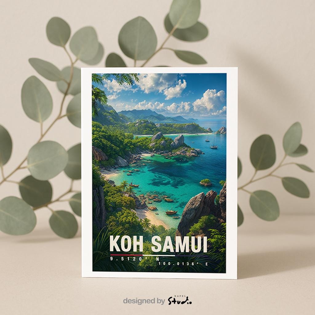 A6-Grußkarte mit Koh-Samui-Illustration: Blick auf eine tropische Inselküste mit türkisblauem Meer, felsigen Buchten und kleinen Booten. Dichte grüne Vegetation und Palmen rahmen die Szene ein, im Hintergrund liegen weitere Inseln unter blauem Himmel mit Wolken. Leuchtende Farben im modernen Travel-Poster-Stil, ideal als Reise- oder Souvenirkarte für Thailand- und Insel-Liebhaber.