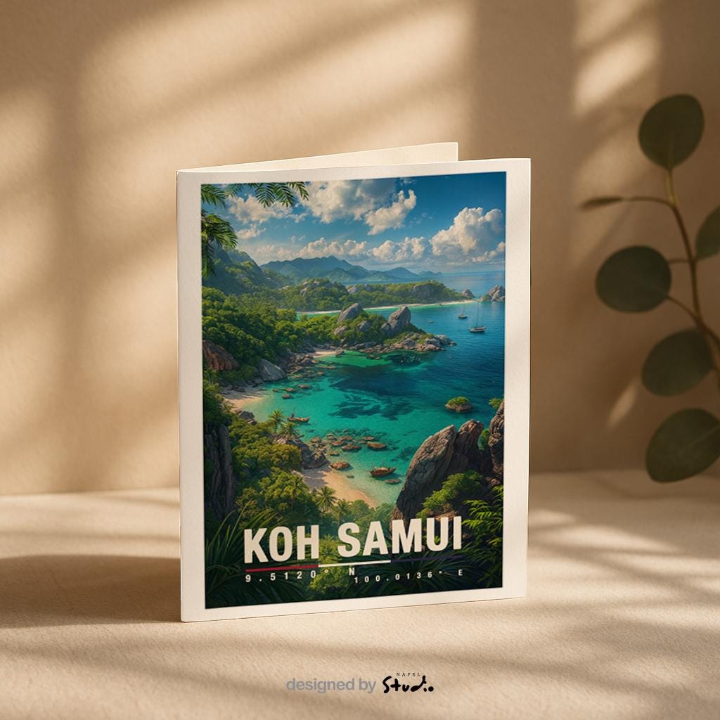 A6-Grußkarte mit Koh-Samui-Illustration: Blick auf eine tropische Inselküste mit türkisblauem Meer, felsigen Buchten und kleinen Booten. Dichte grüne Vegetation und Palmen rahmen die Szene ein, im Hintergrund liegen weitere Inseln unter blauem Himmel mit Wolken. Leuchtende Farben im modernen Travel-Poster-Stil, ideal als Reise- oder Souvenirkarte für Thailand- und Insel-Liebhaber.
